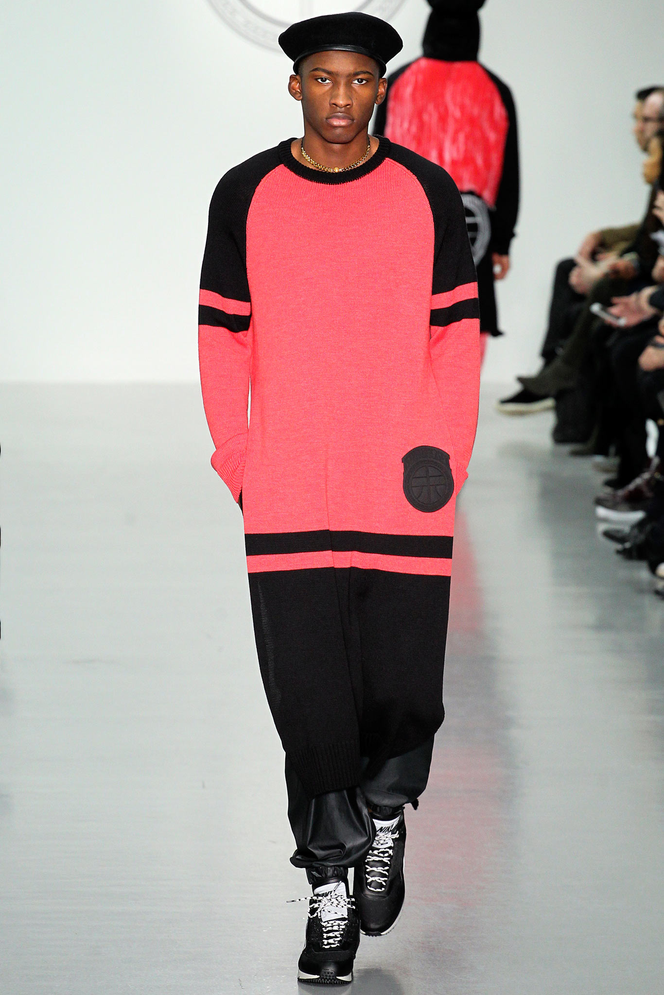 red cotton long-sleeve collared relaxed striped pockets sweater