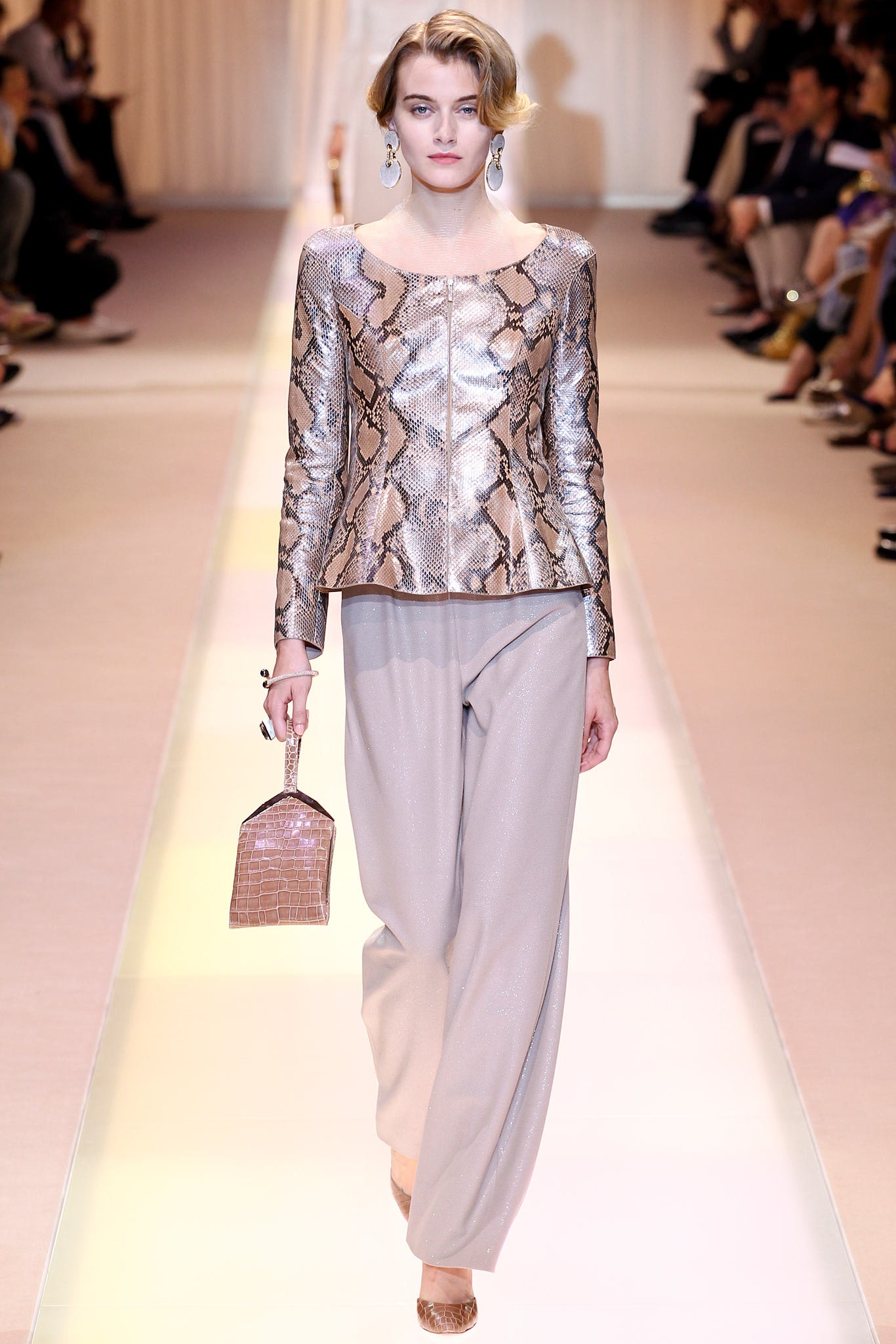 gold printed silk top with beige pants