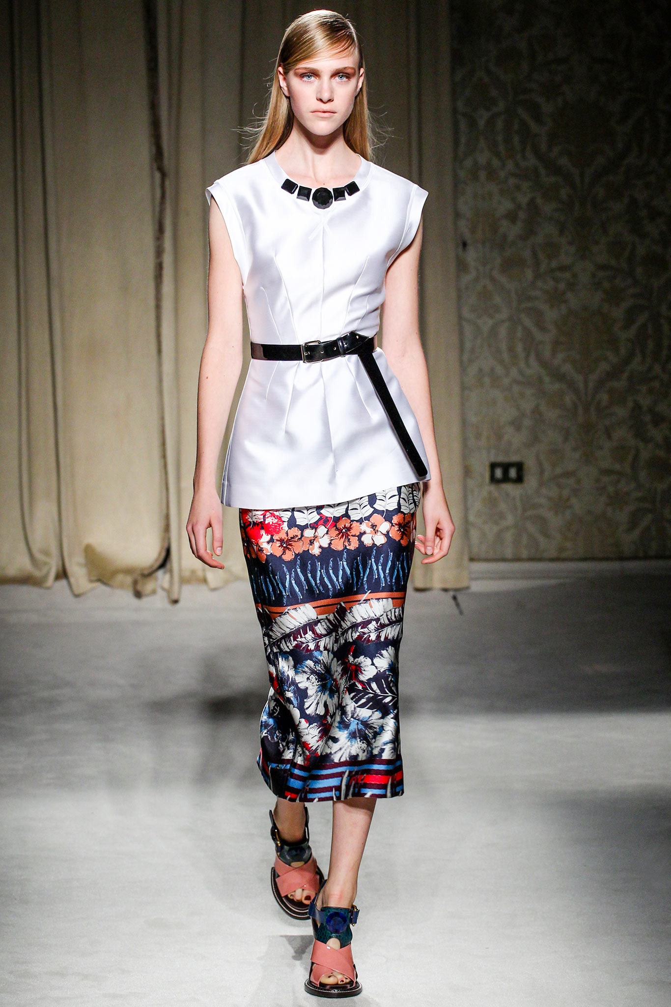 white silk sleeveless high-neck fitted structured top