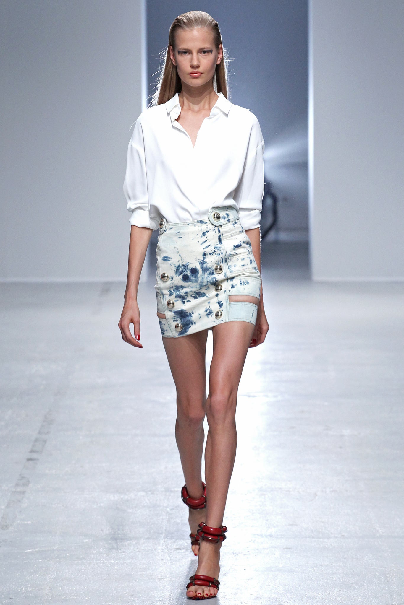 blue denim asymmetric fitted buttoned mini skirt