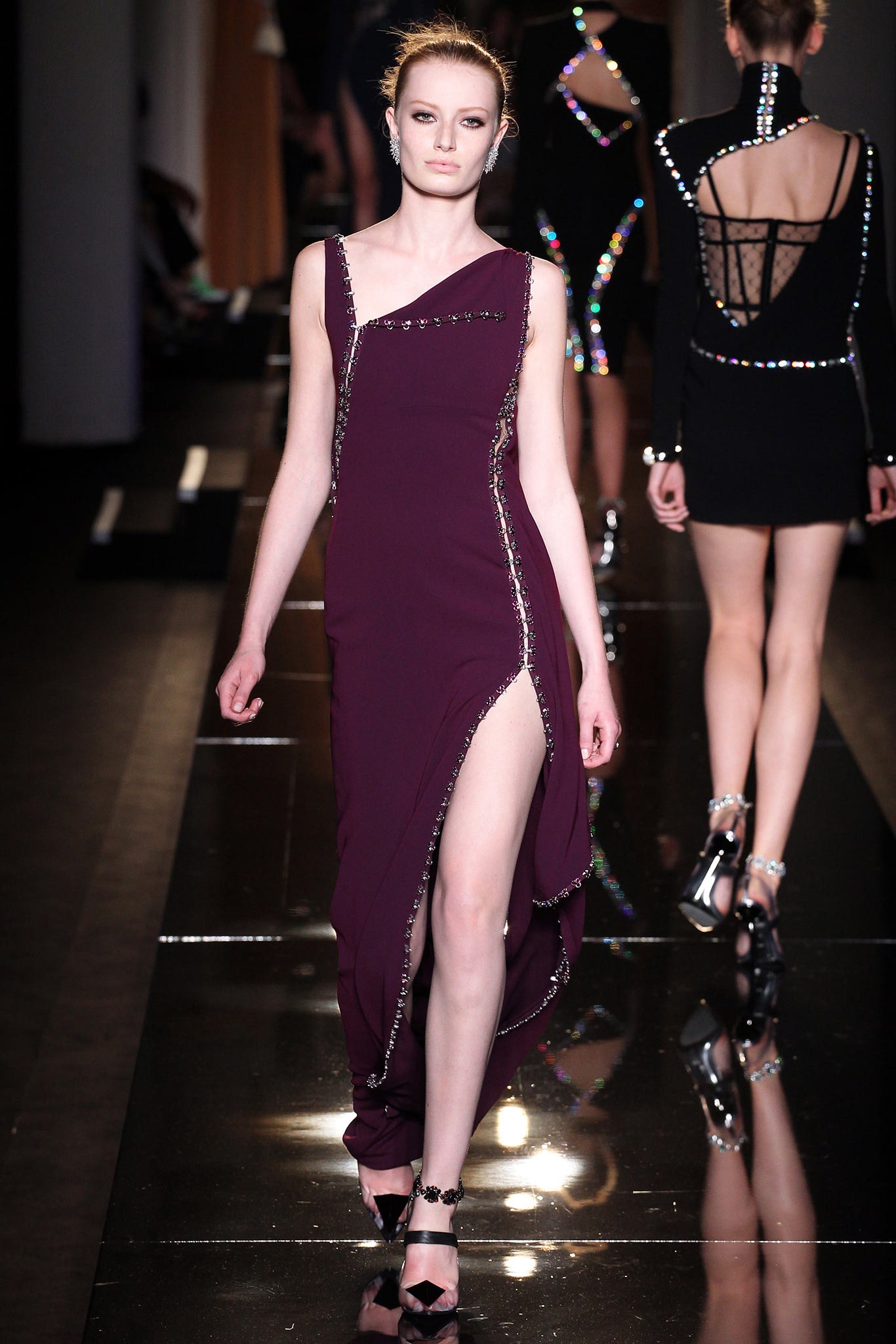 purple silk fitted gown