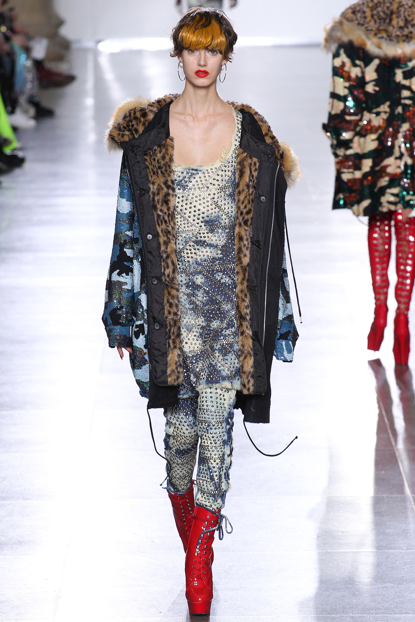 relaxed black faux-fur jacket with fitted jumpsuit