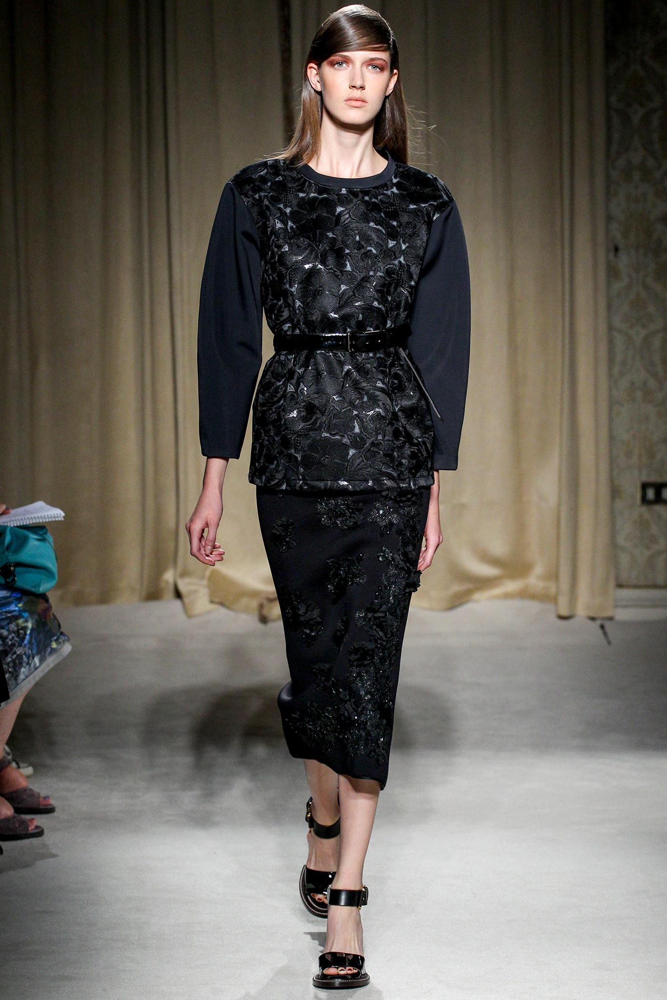 black embroidered top and pencil skirt
