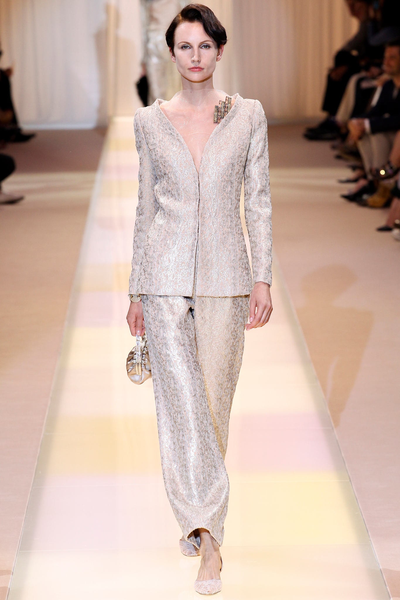 gold silk long-sleeve v-neck fitted textured shiny suit