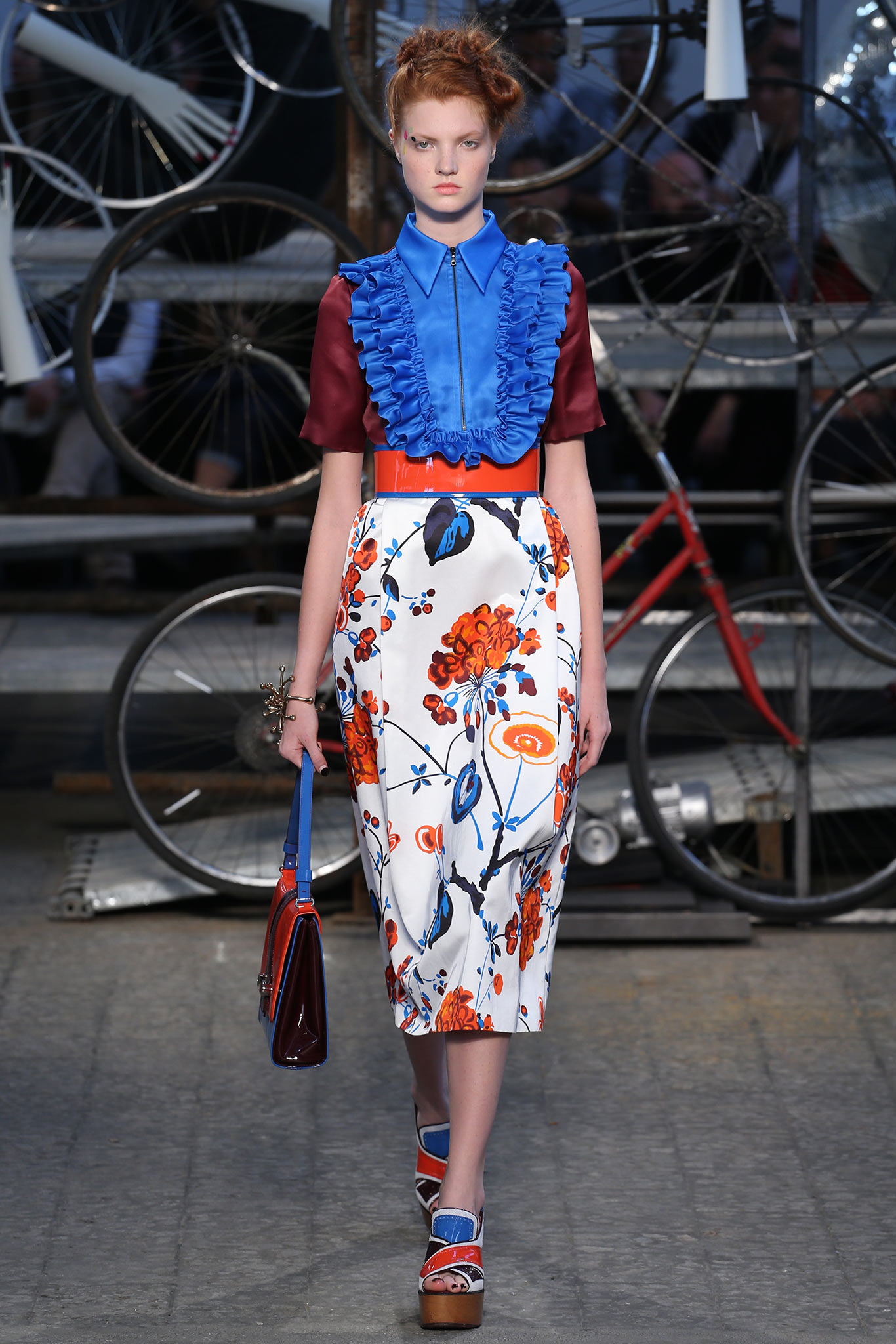 blue ruffled blouse and floral midi skirt