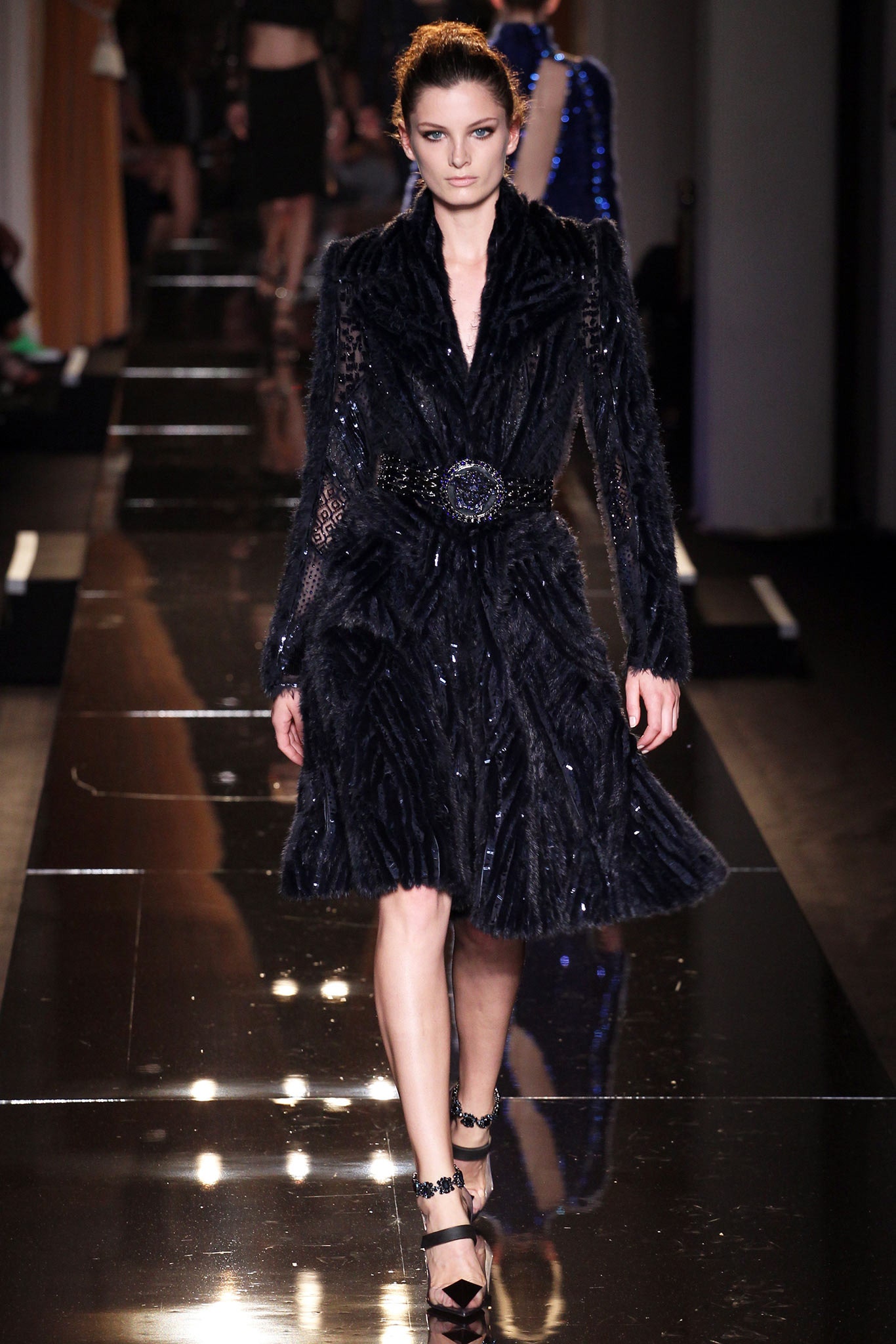 black fur embellished midi dress