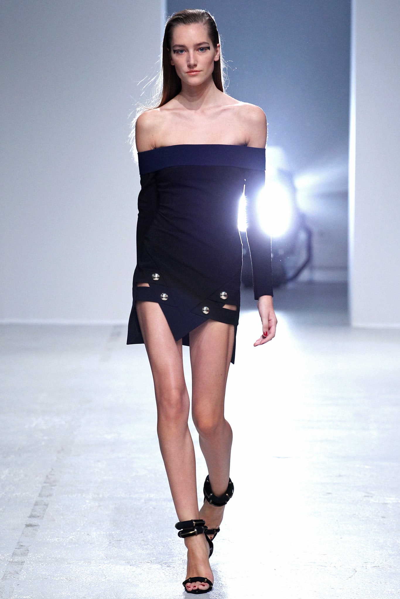 black and blue off-shoulder mini dress