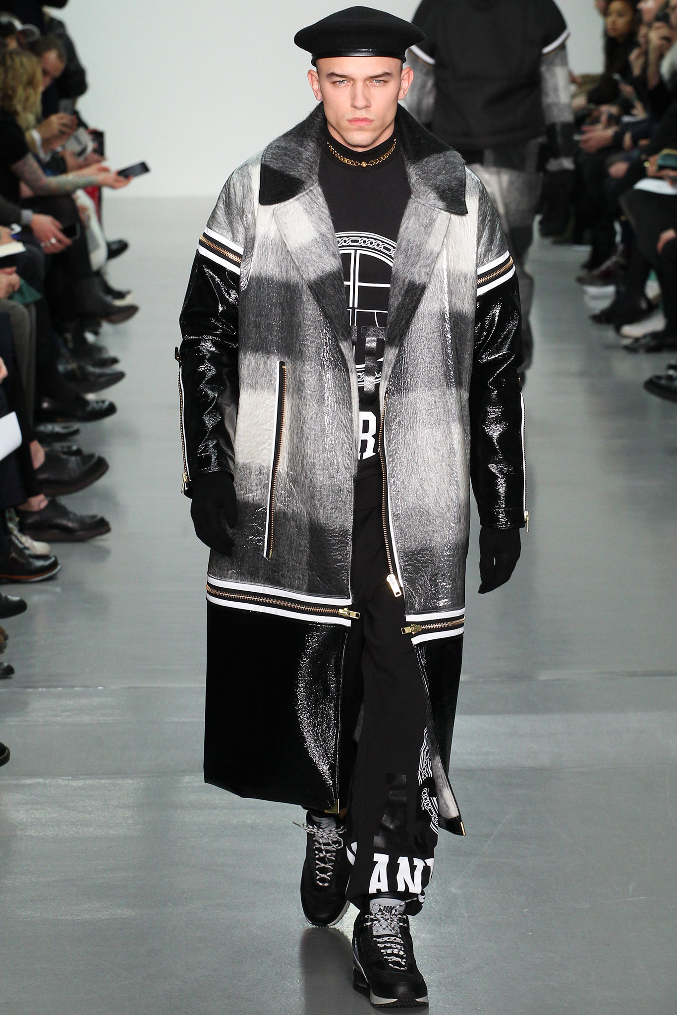 black leather long-sleeve collared relaxed zippered color-blocked coat