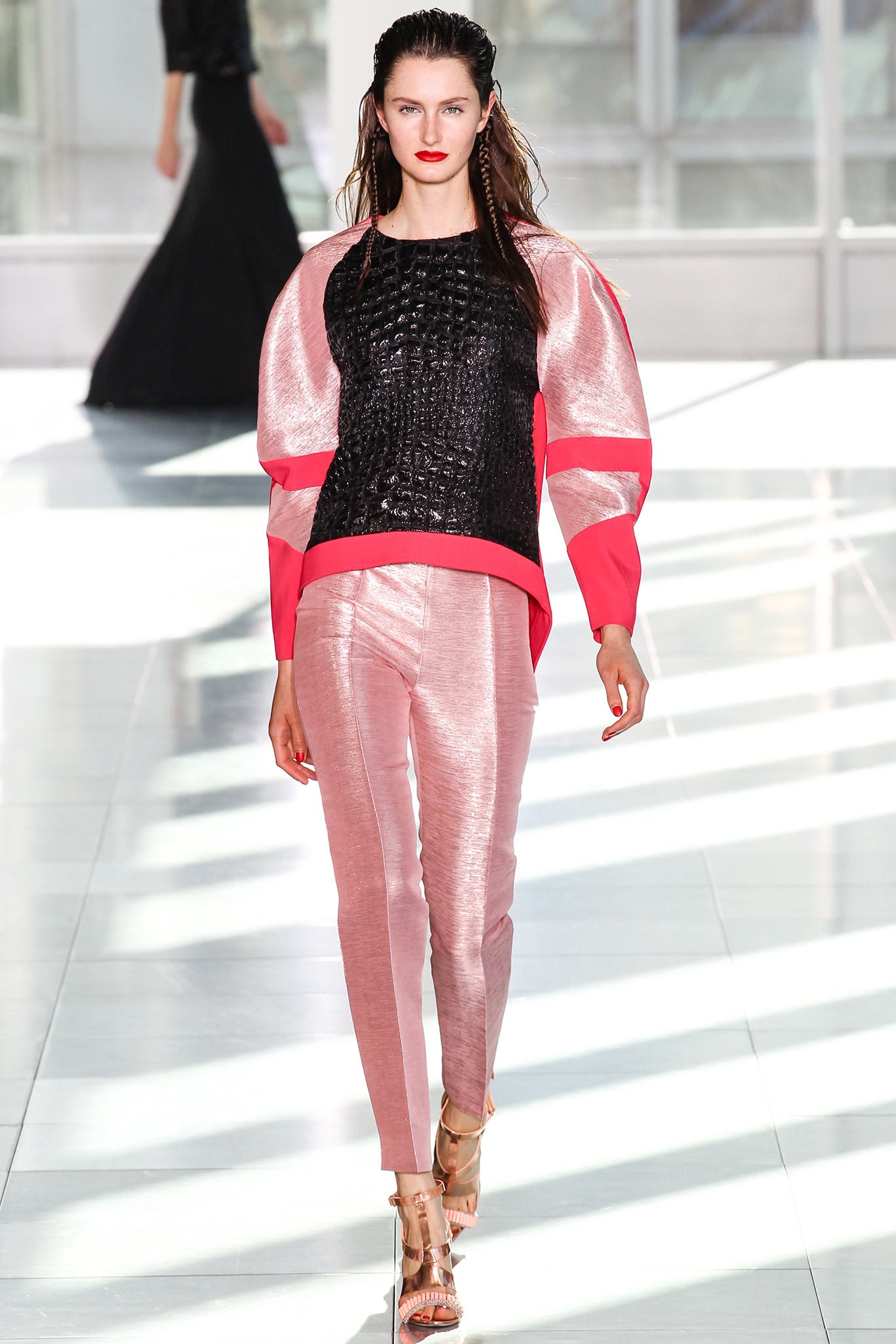 black and pink silk top with slim pants