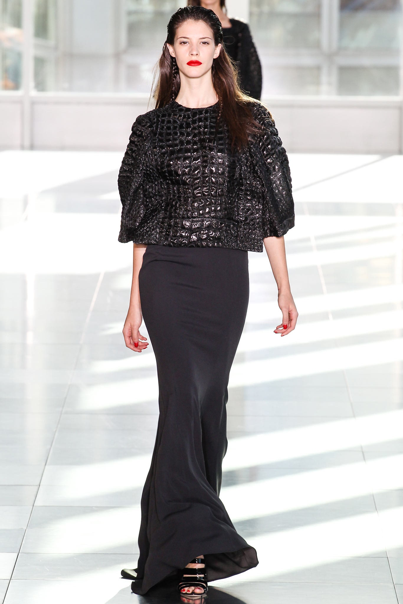 black silk fitted top and skirt