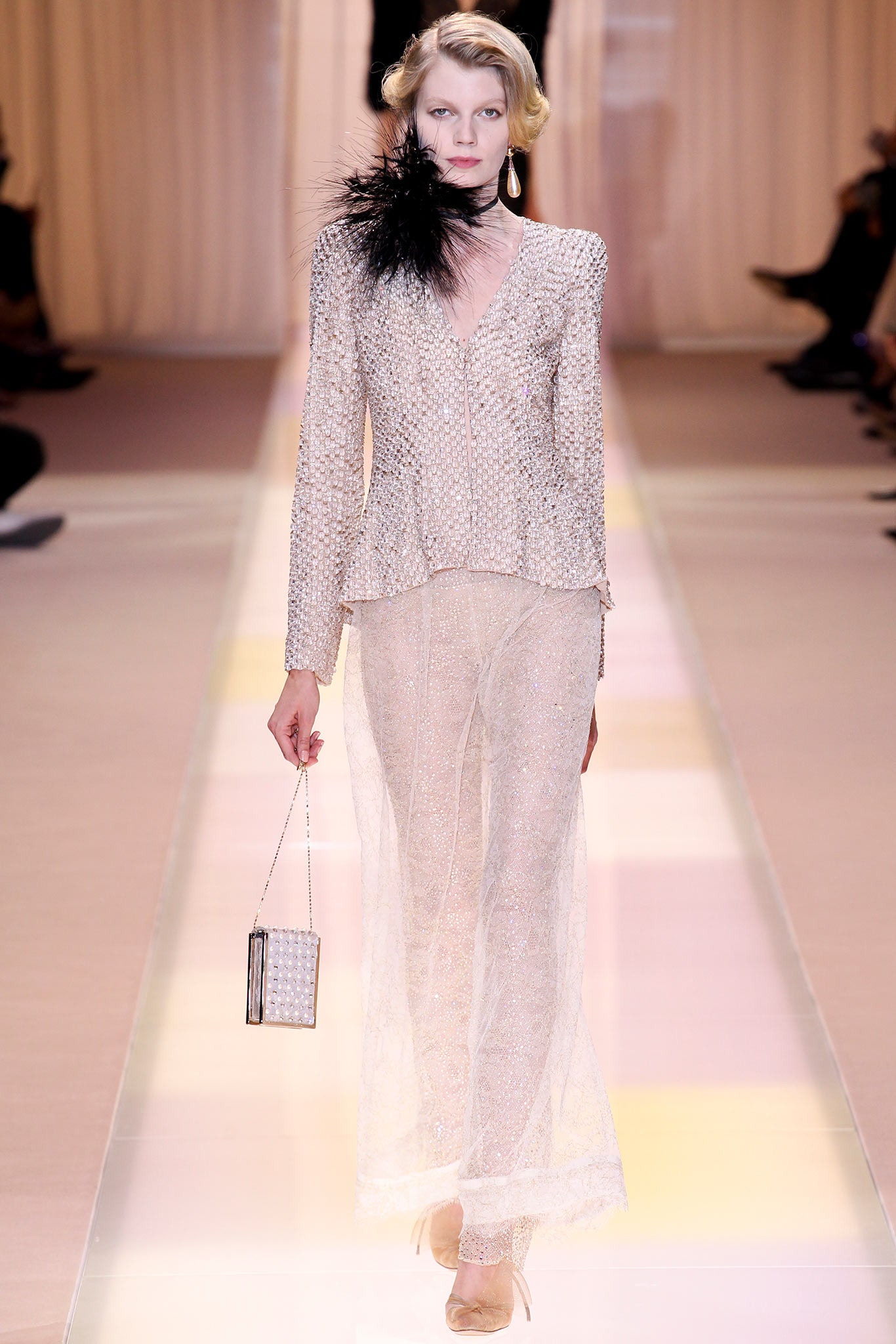 silver beaded blazer with sheer pants