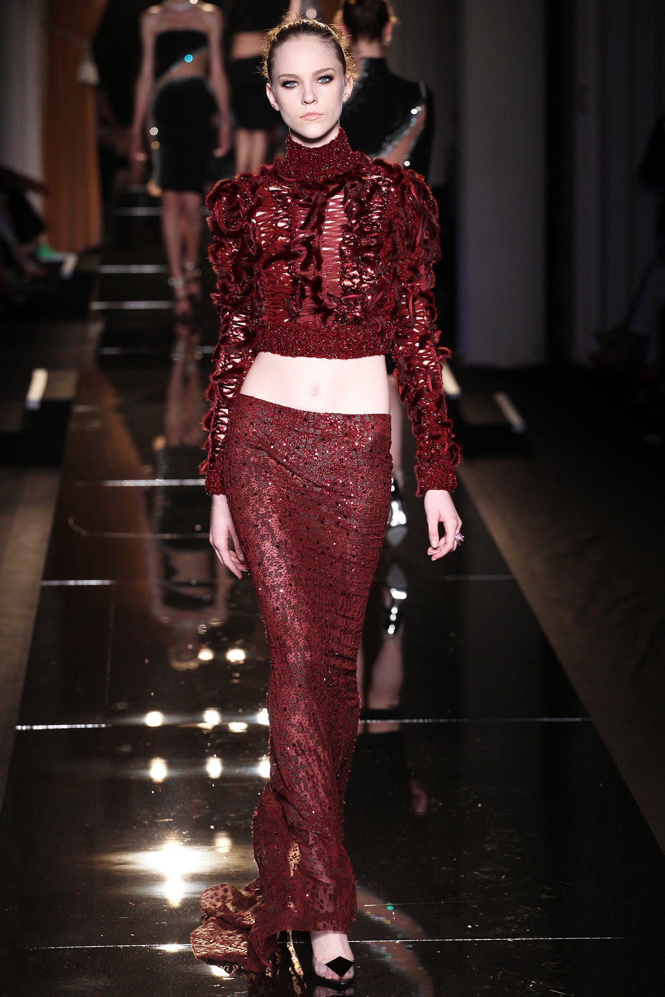 red silk long-sleeve high-neck fitted ruffled shiny top