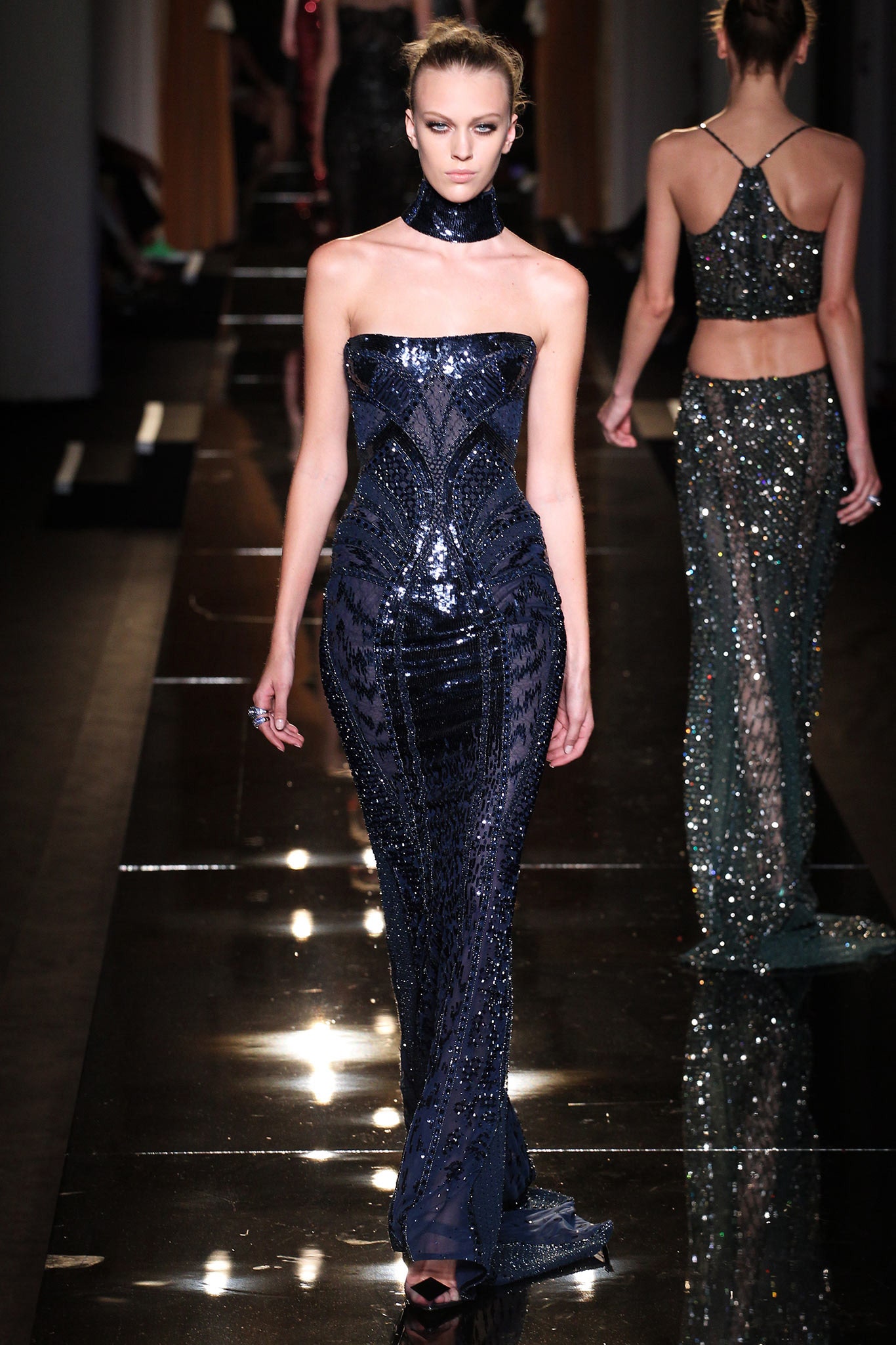 blue sequined strapless gown