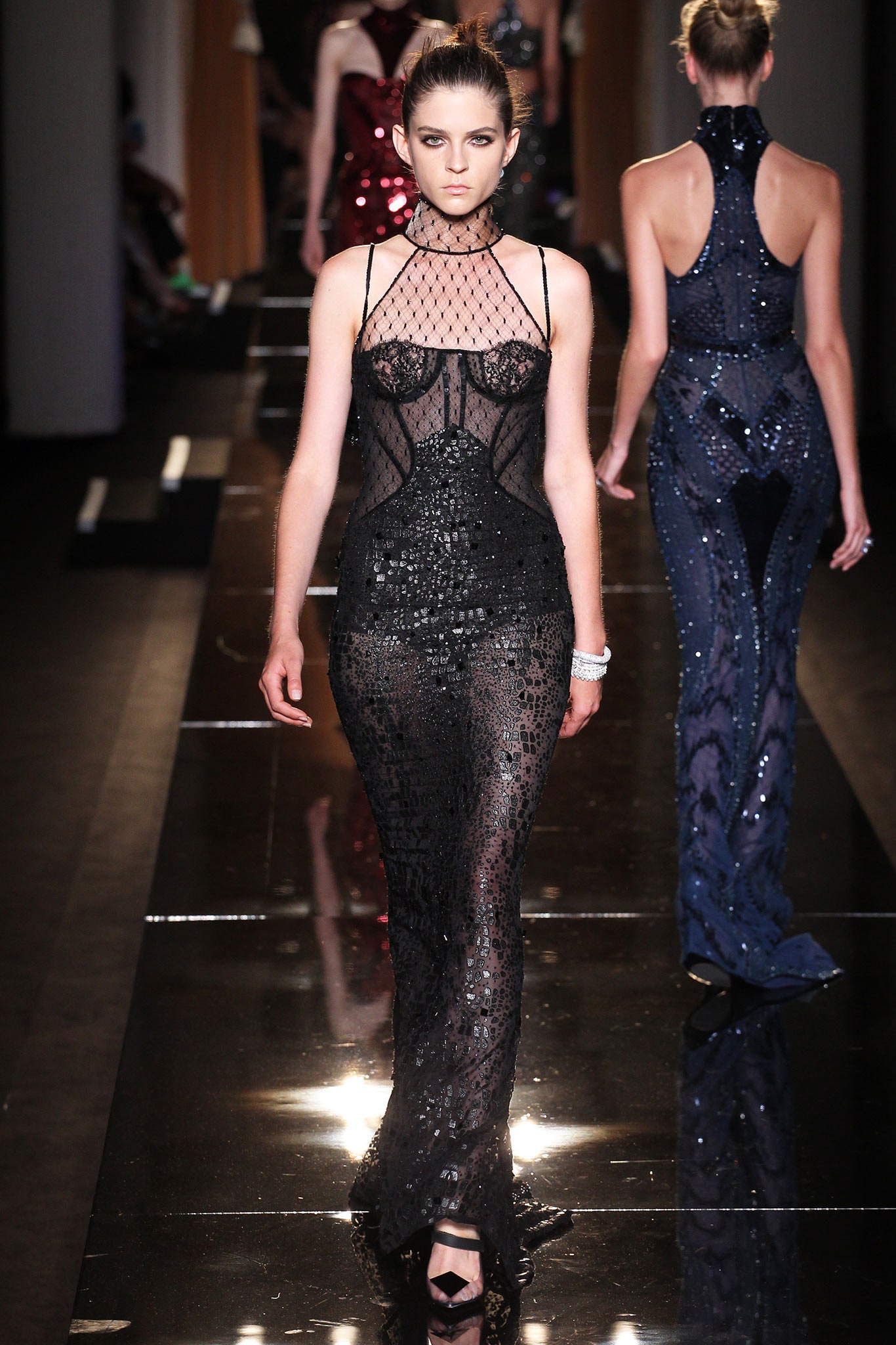 black sequin mesh gown