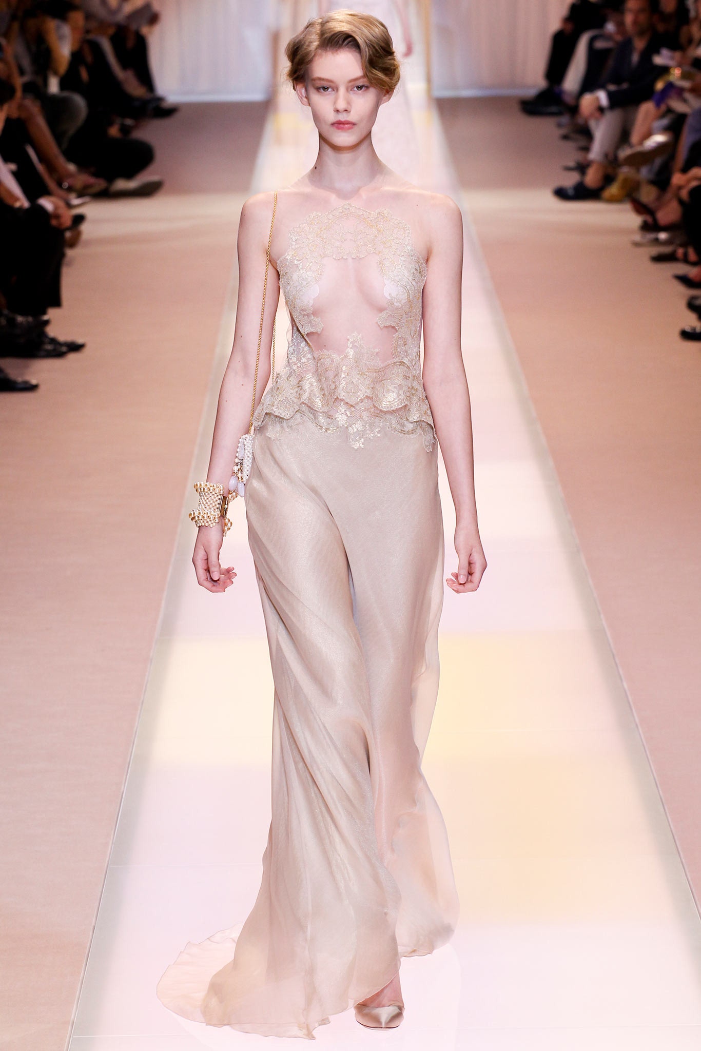 beige silk sleeveless gown
