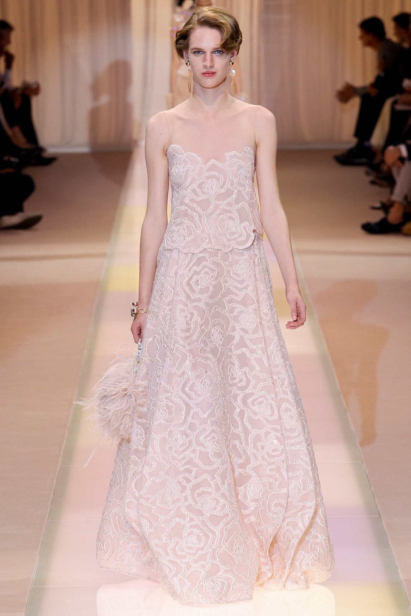 pink embroidered strapless gown