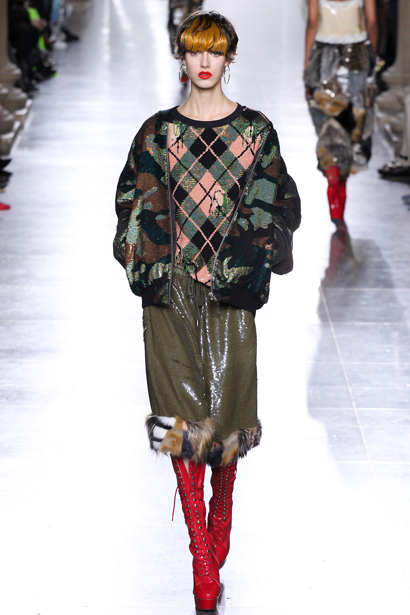 green wool long-sleeve collared oversized printed sweater