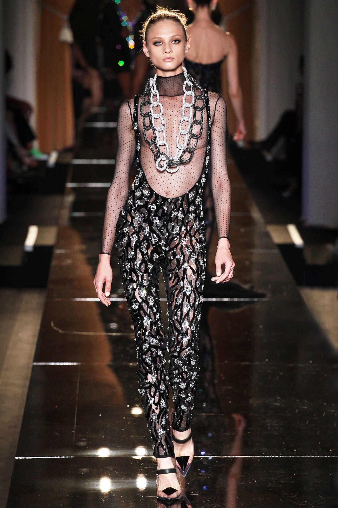 black sequin mesh catsuit