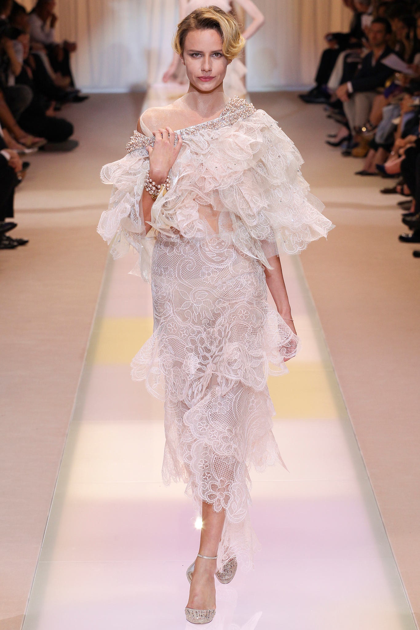 white lace off-shoulder gown