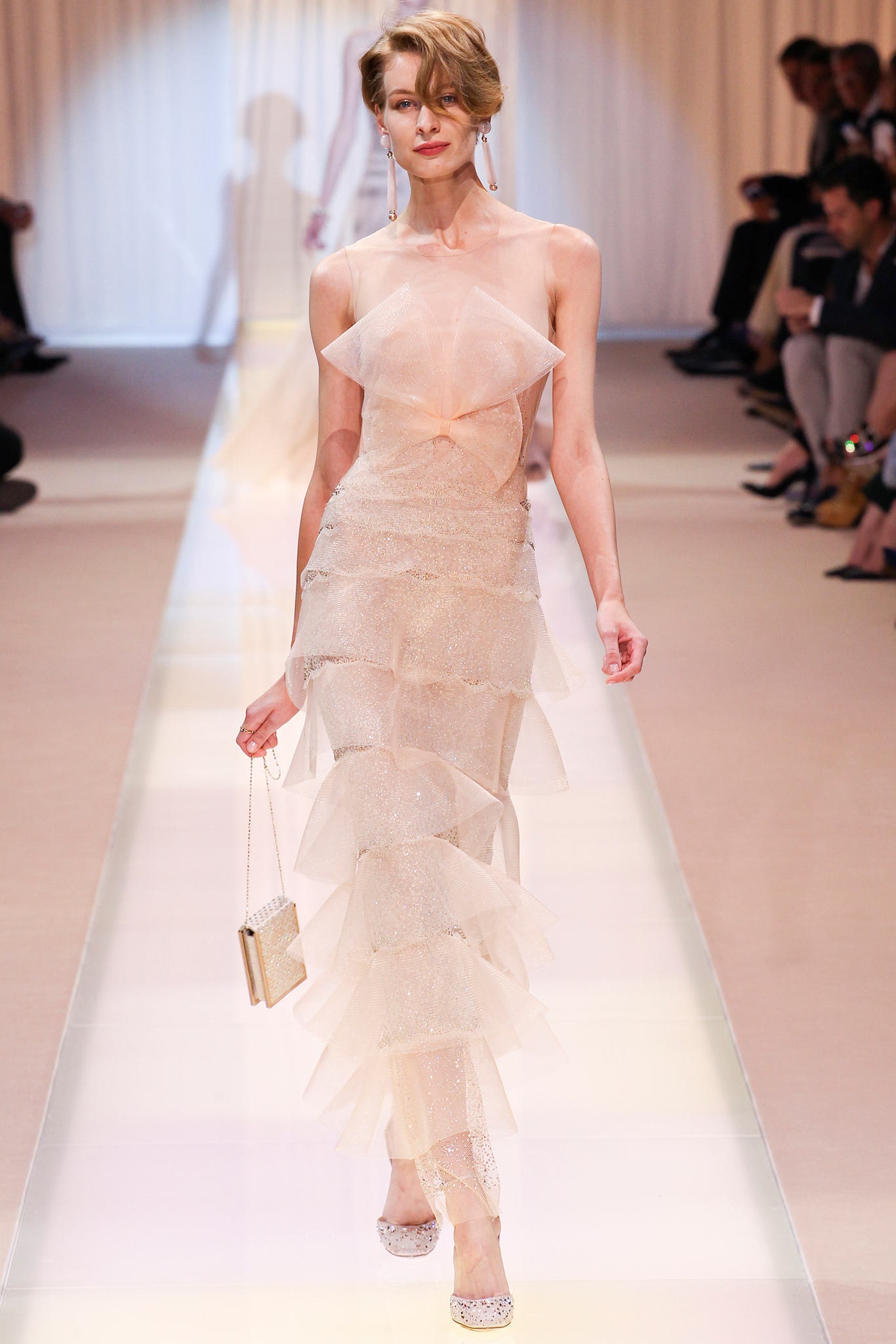 beige gold sheer ruffled gown