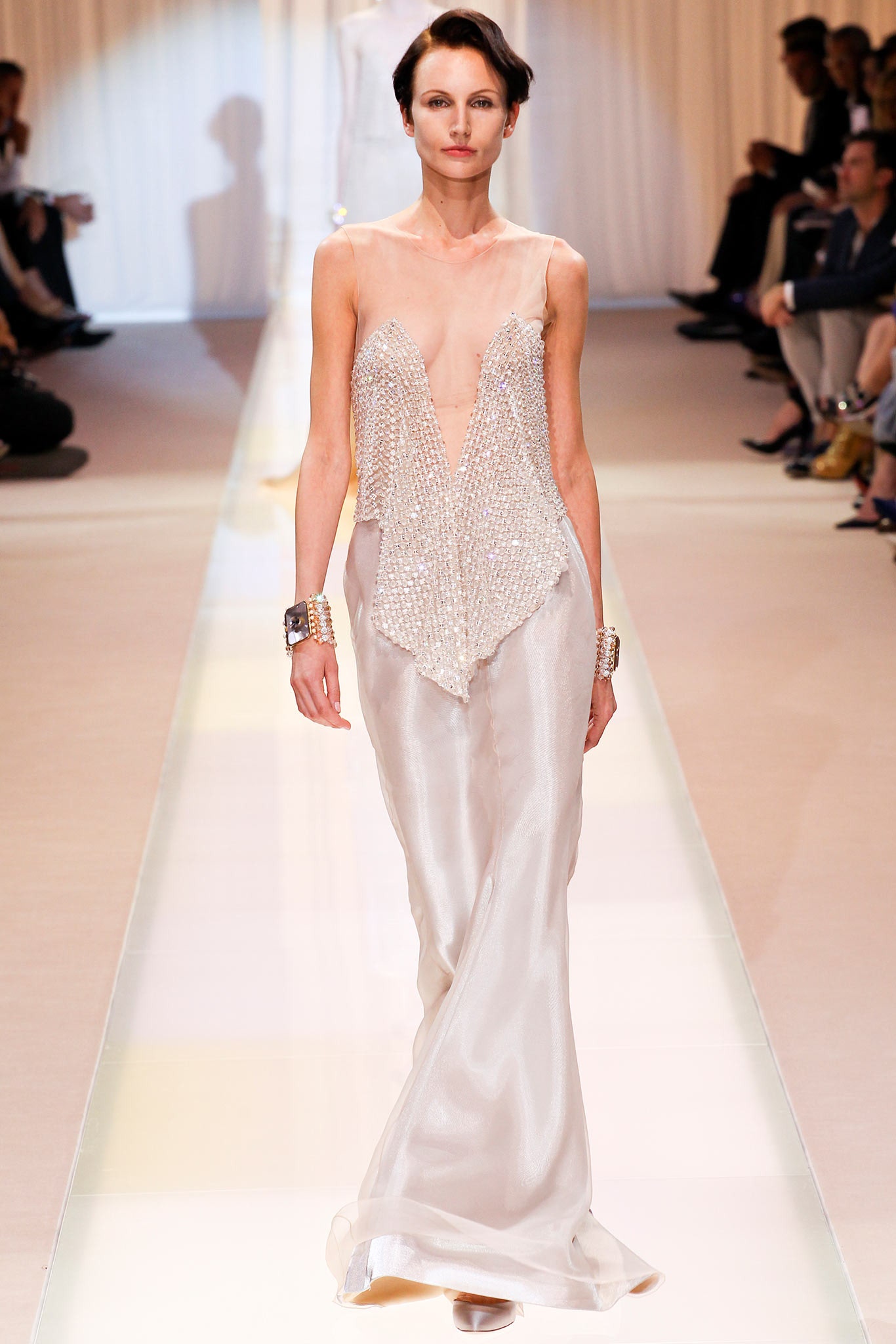 white silk sleeveless gown