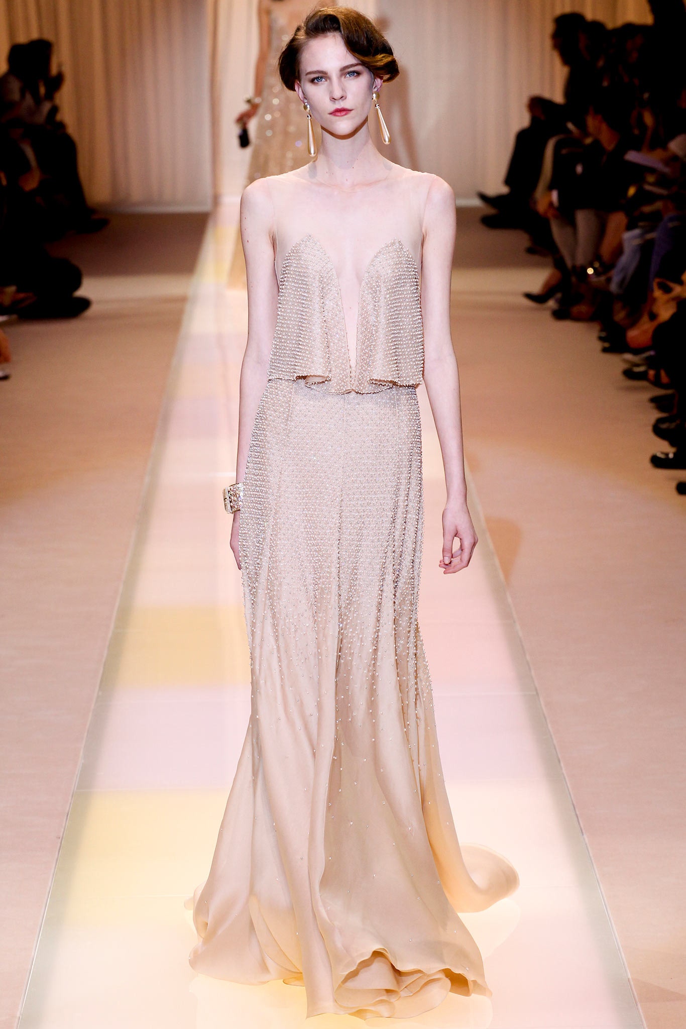beige silk sleeveless gown