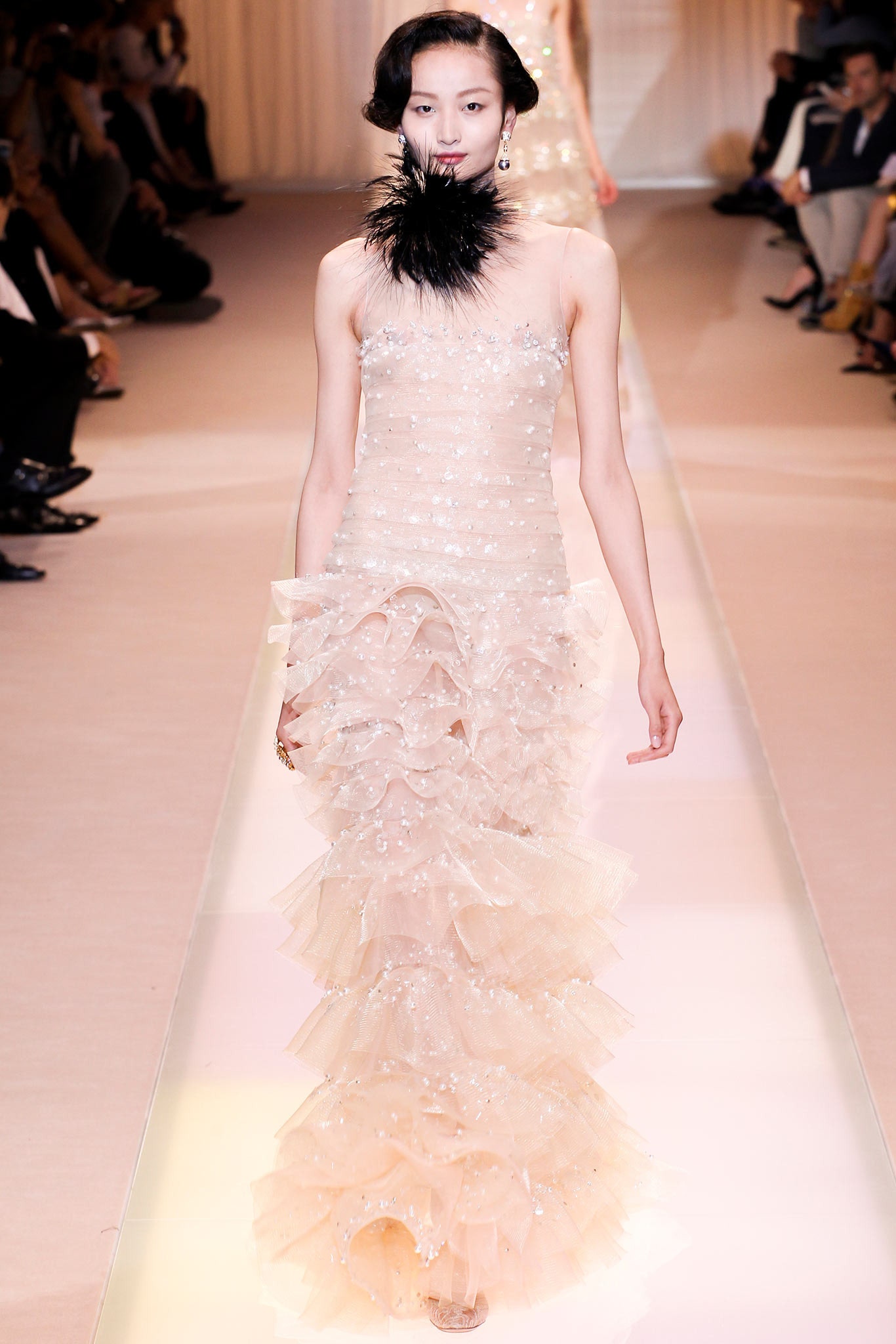 beige silk ruffled gown