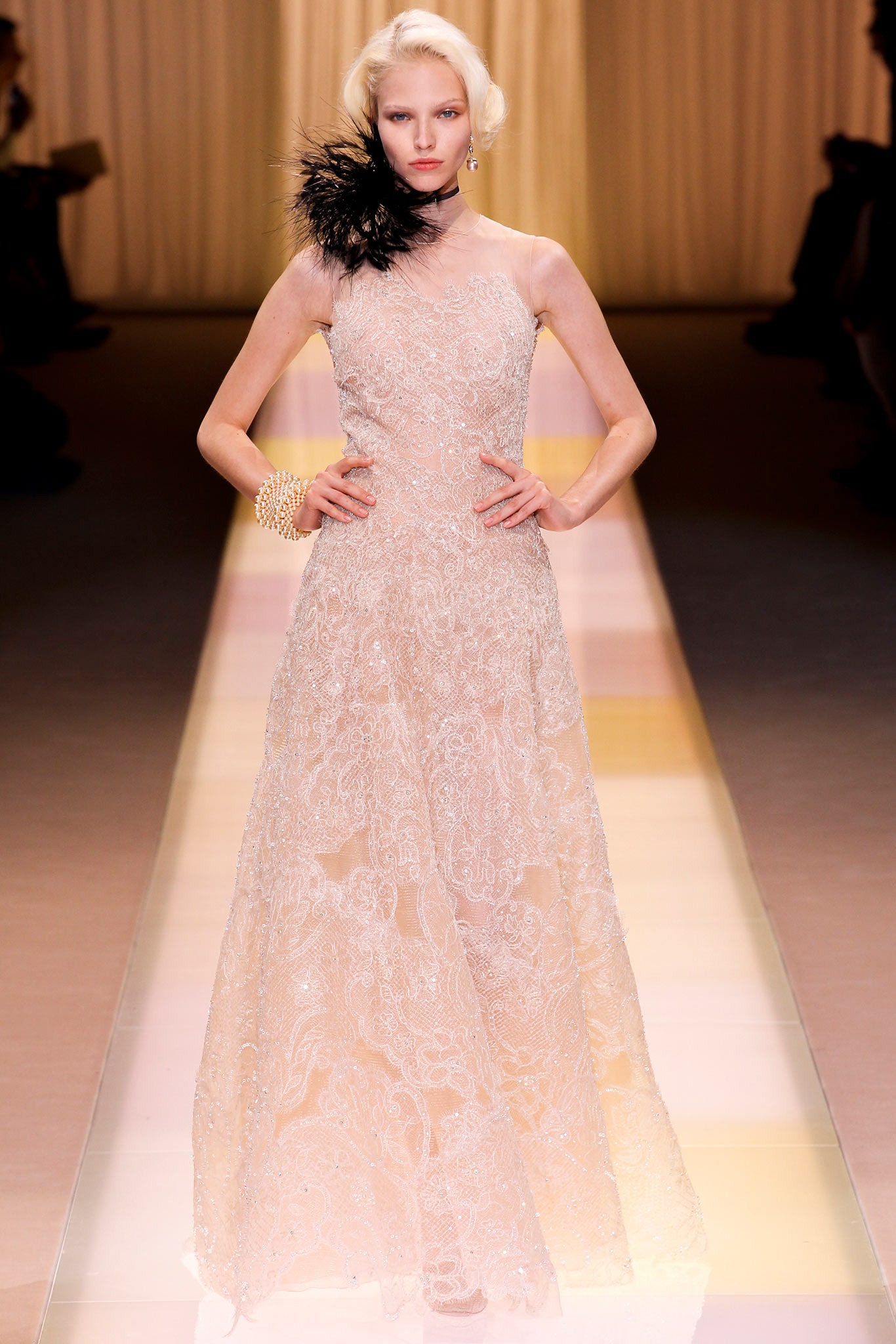beige embroidered sleeveless gown