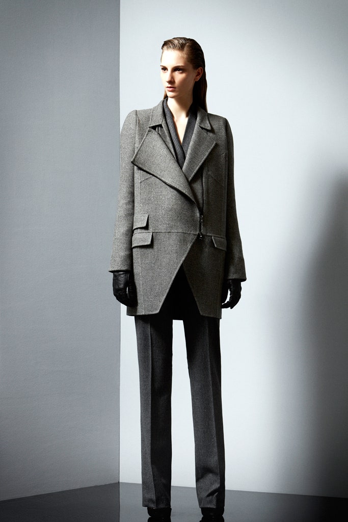 gray wool long-sleeve collared structured zippered jacket