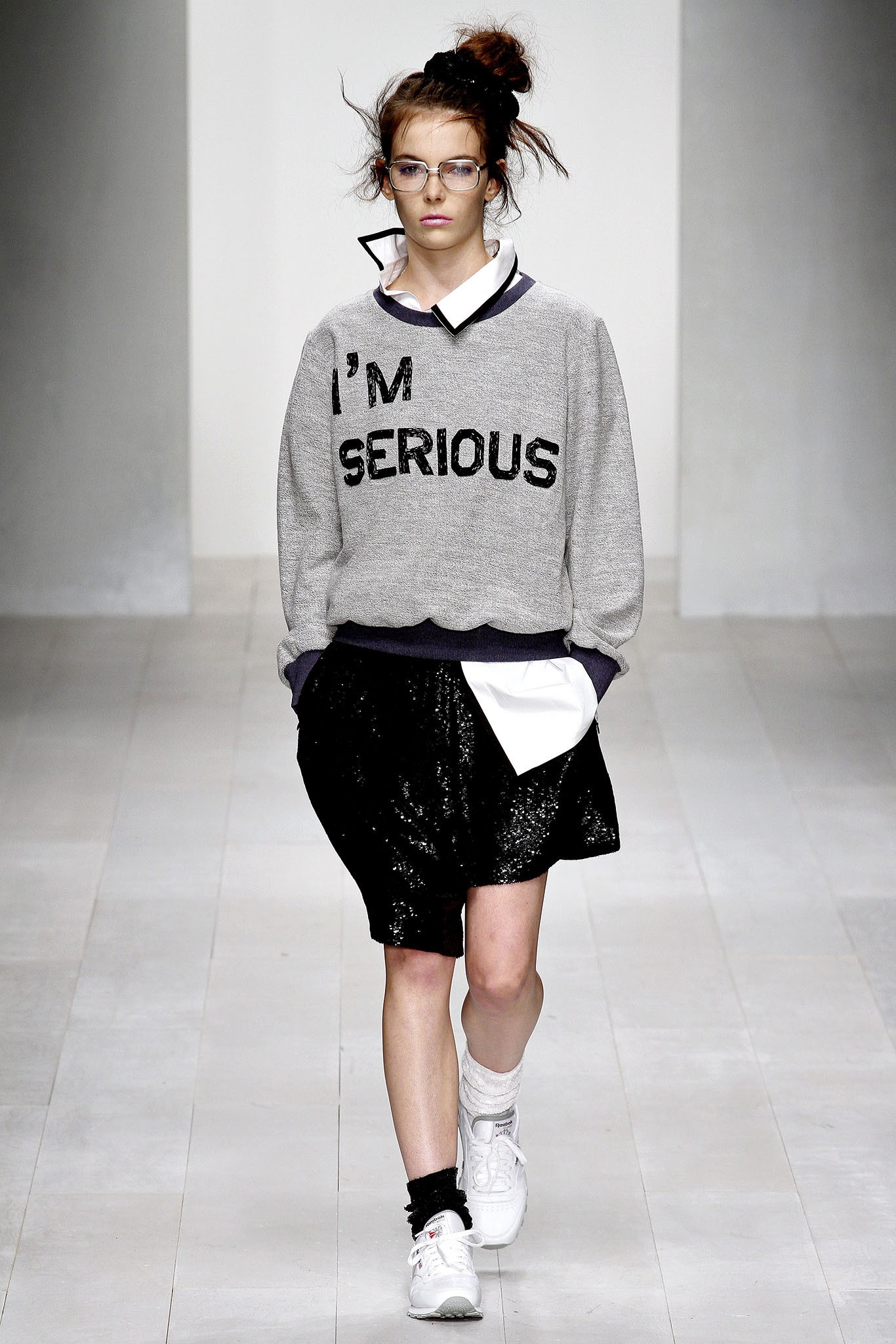 gray printed sweater with black skirt