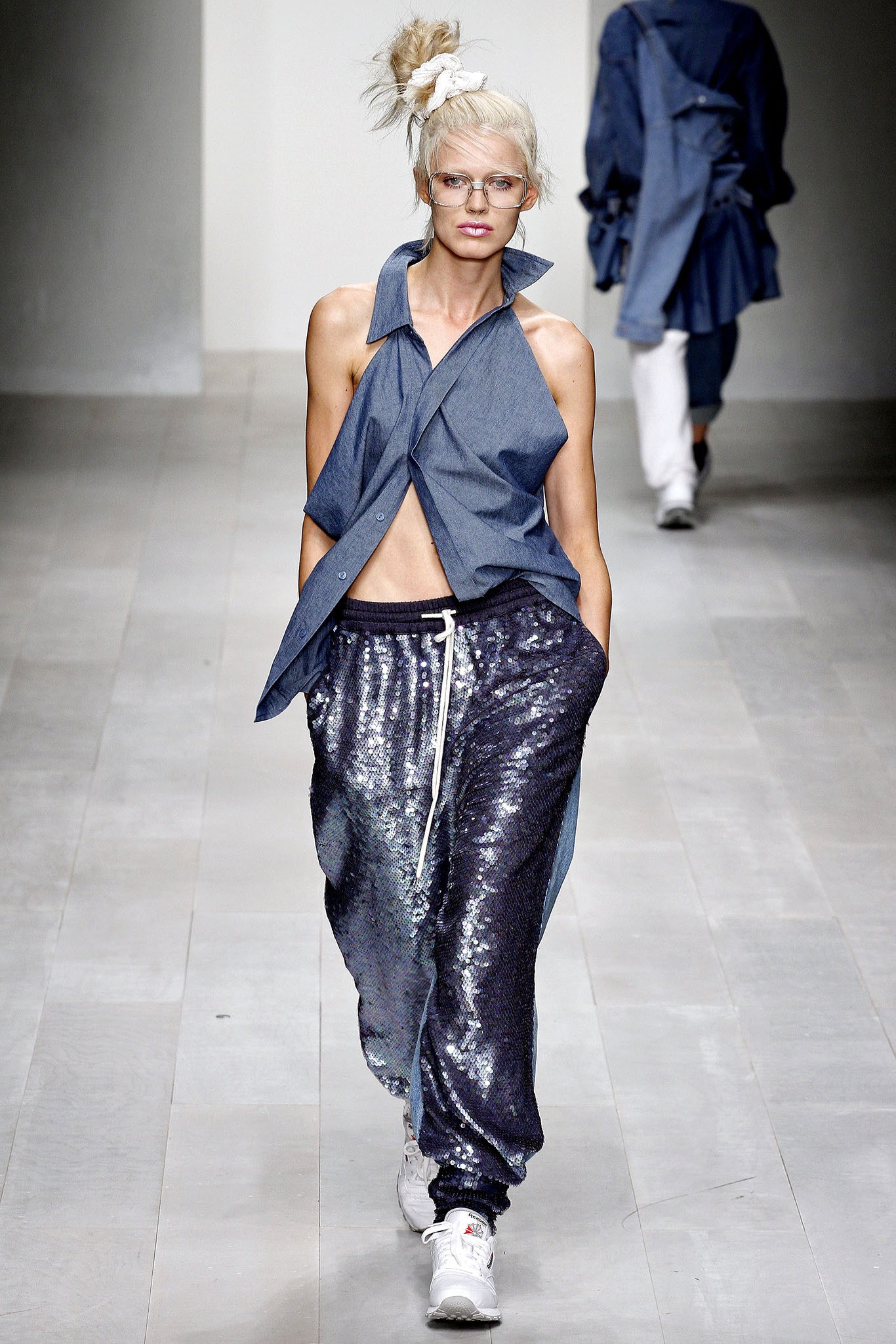 blue denim shirt with sequined pants