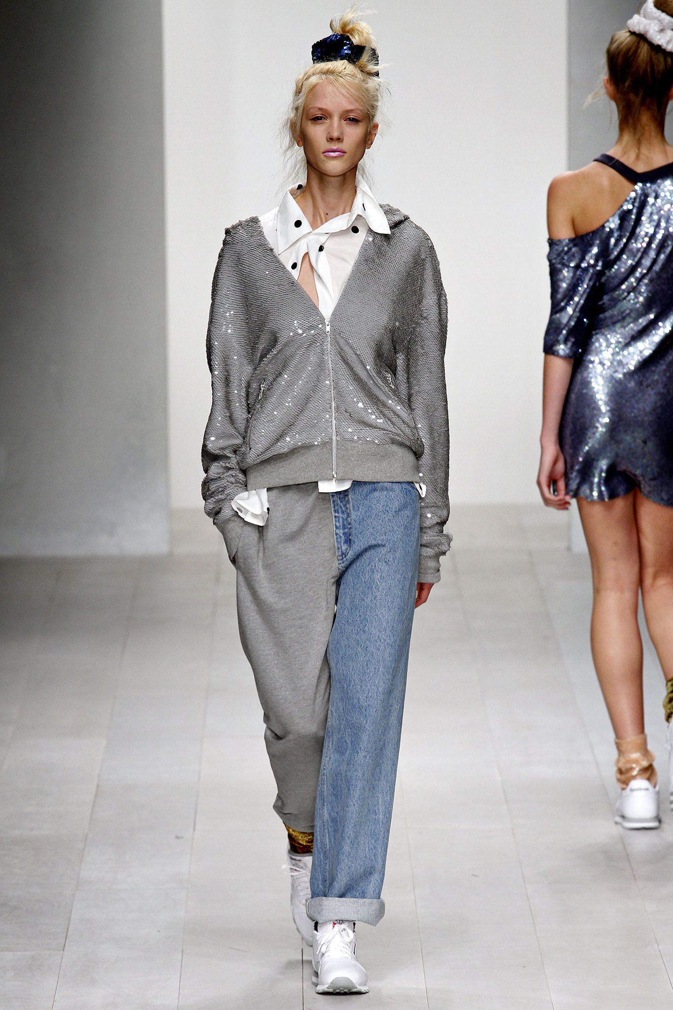 gray sequined jacket with white shirt