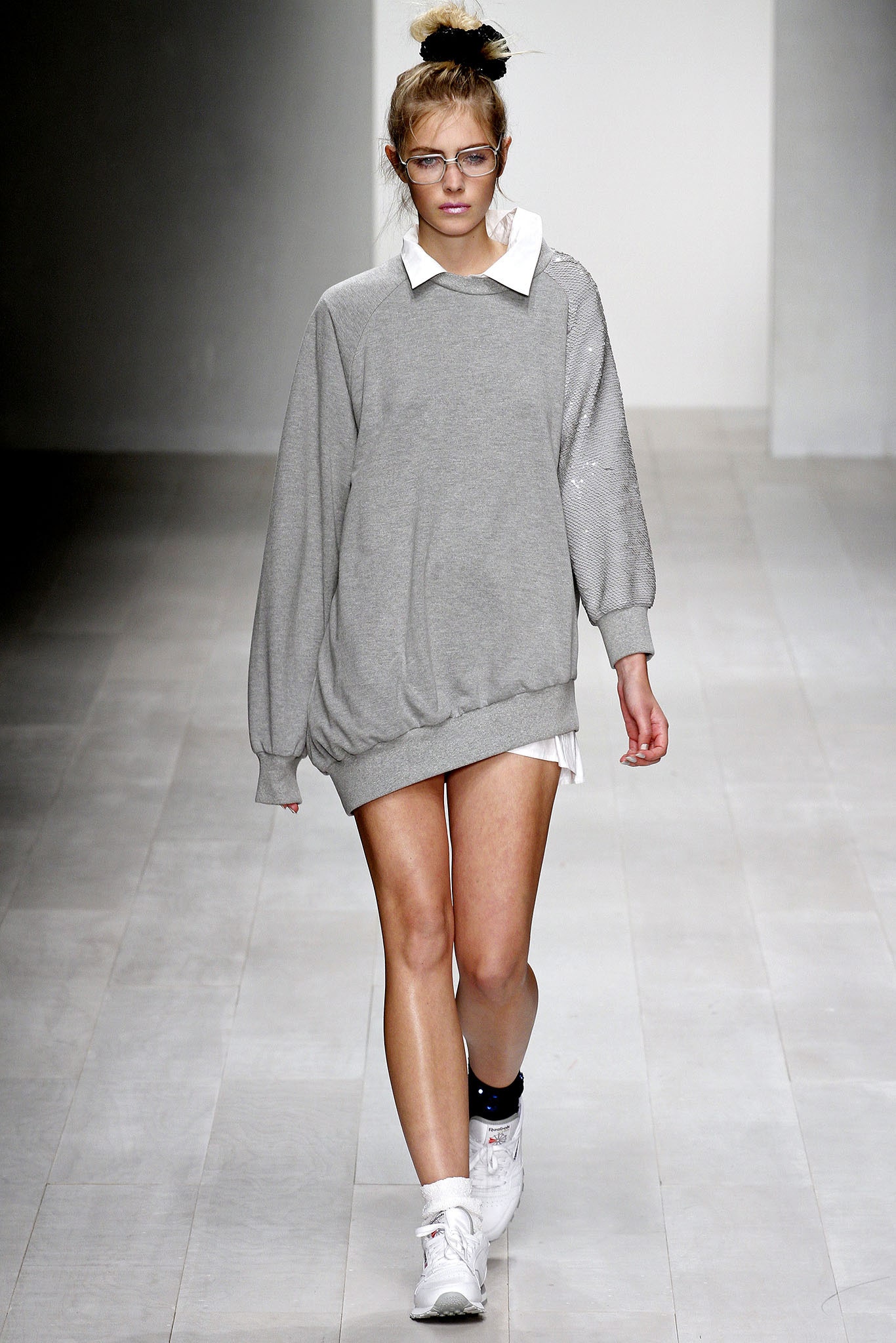 gray relaxed sweater with white shirt