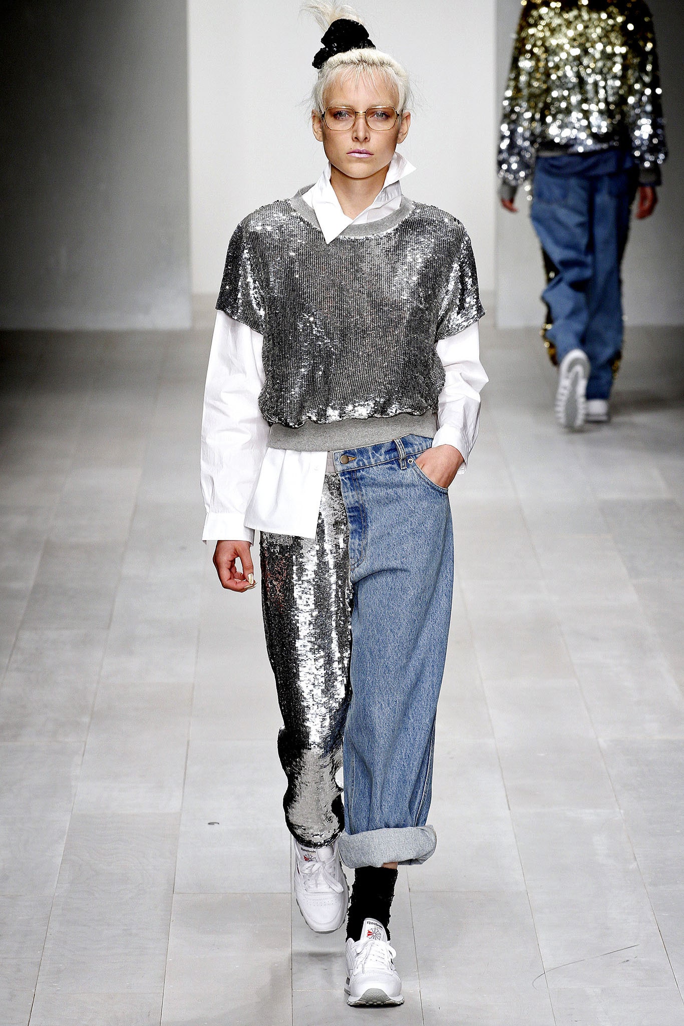 silver sequin top with denim pants