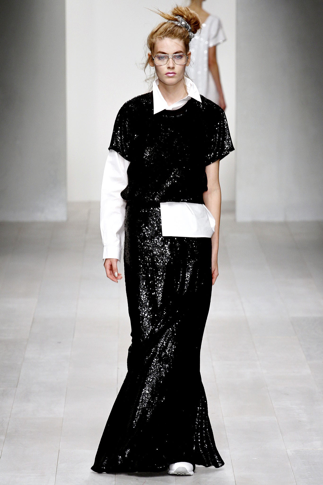 black sequin top and skirt with white shirt