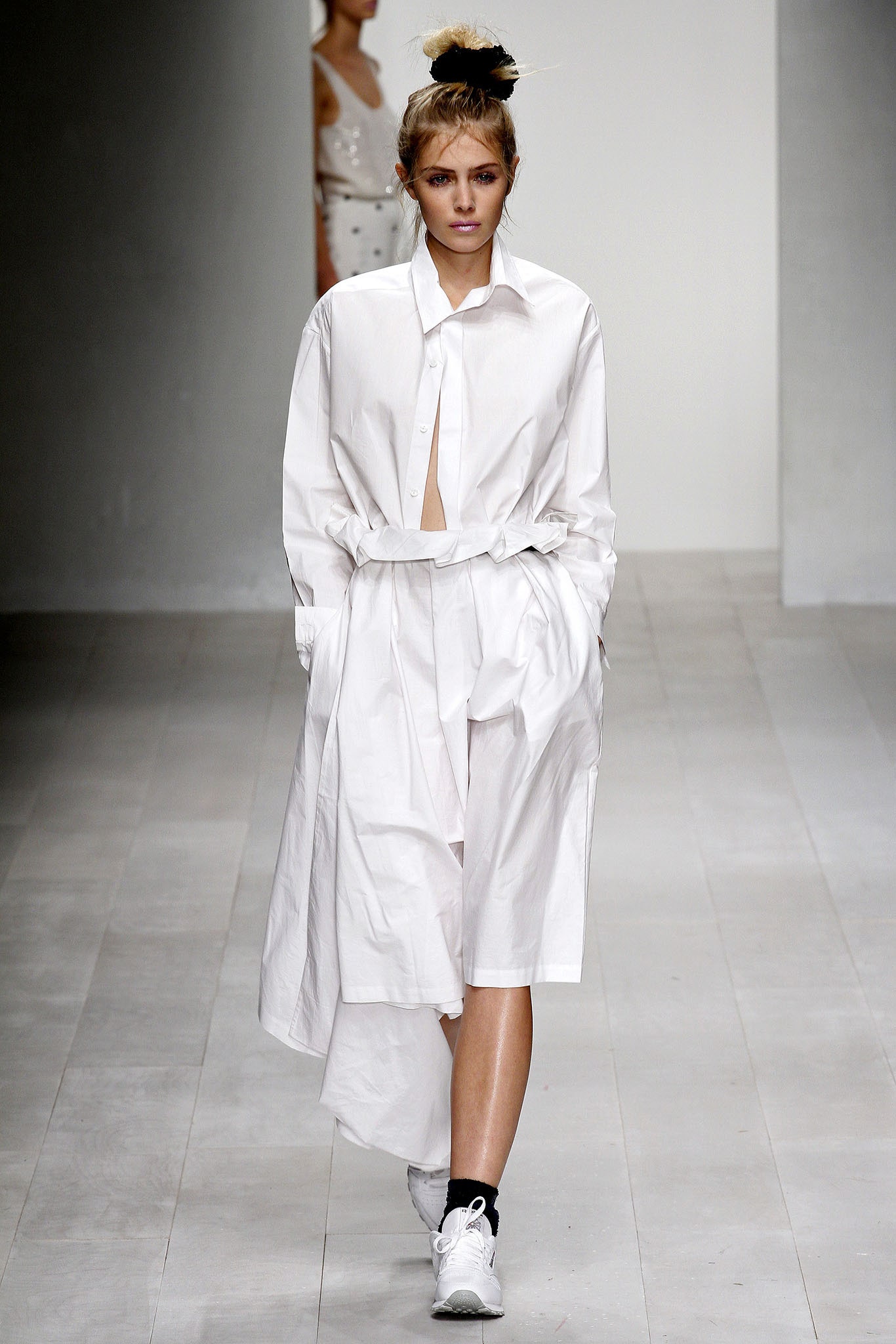 white cotton shirt-dress with sneakers