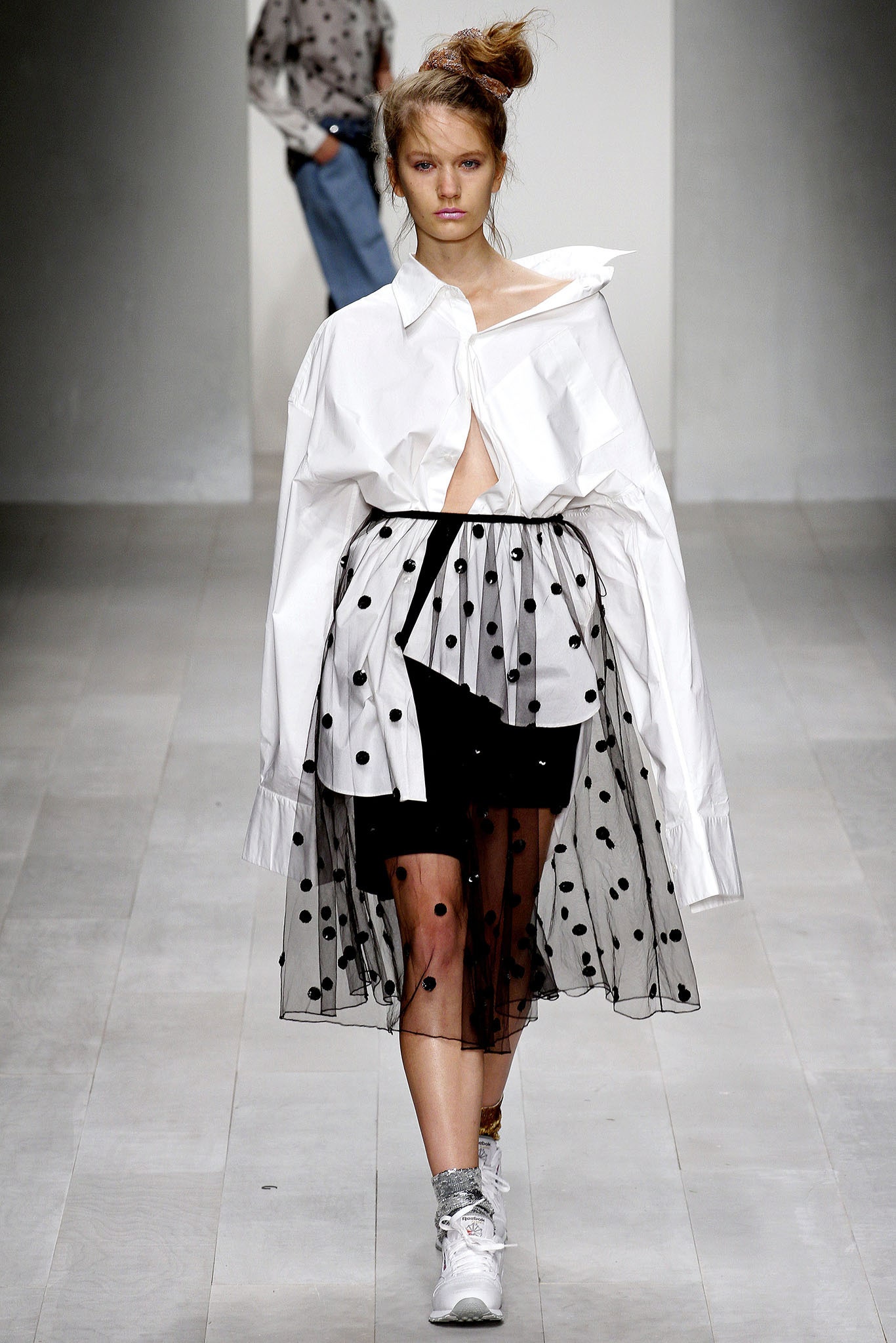 oversized white shirt with black skirt