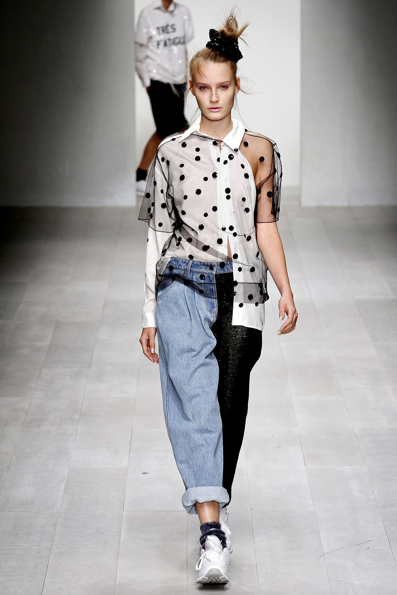 polka-dot shirt with distressed pants