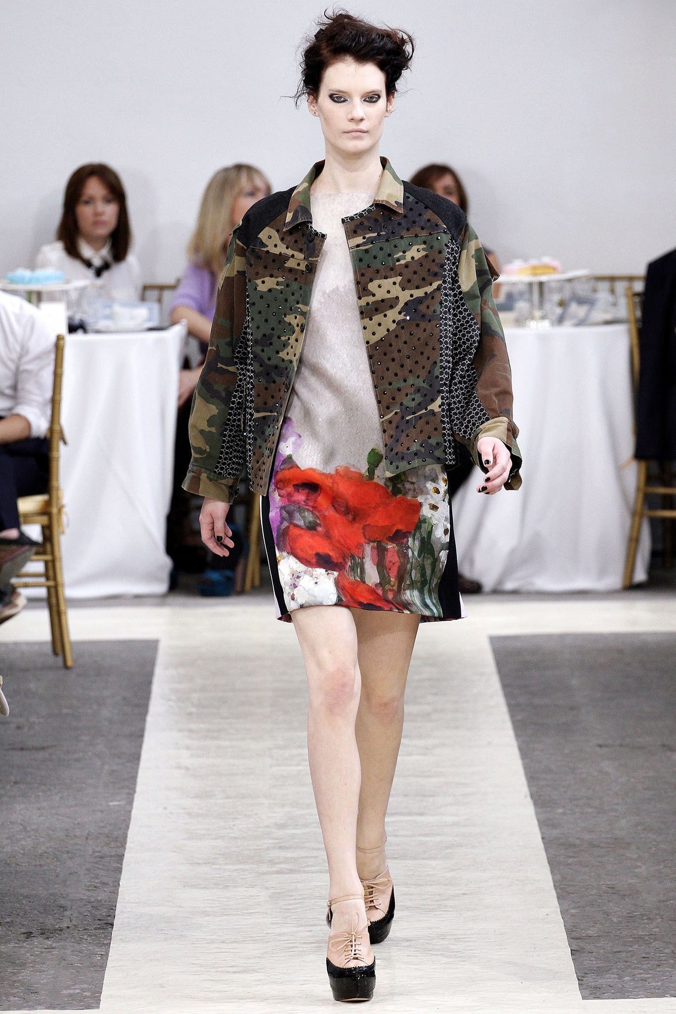 camouflage jacket with floral dress