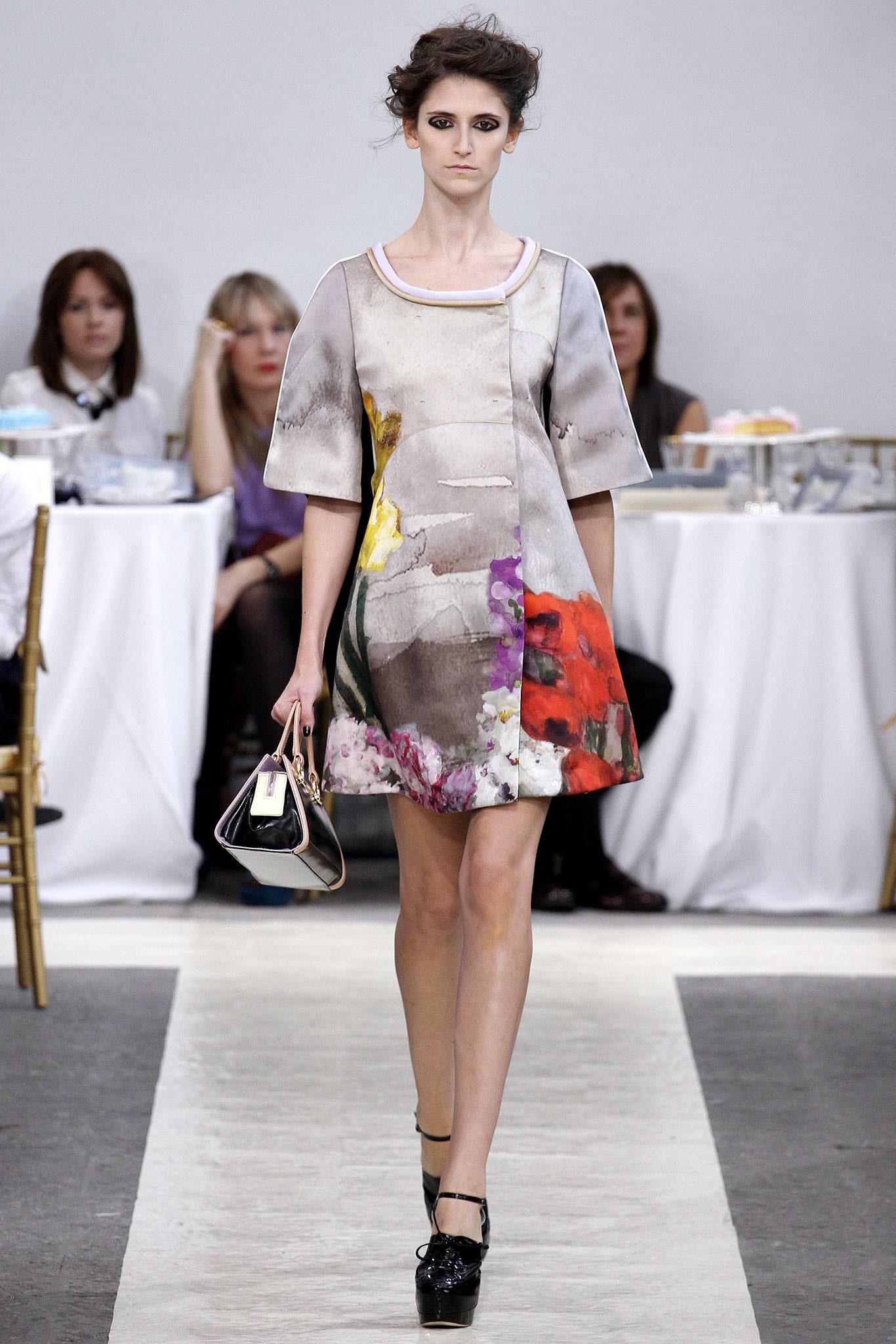 gray multi-colored flared dress