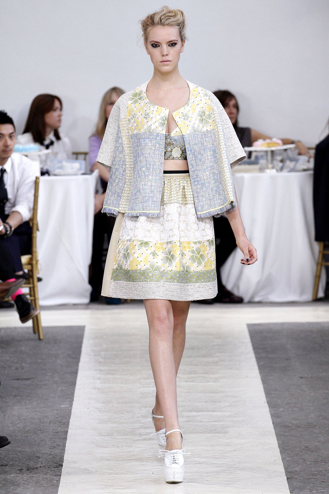 blue and yellow embroidered top with mini skirt