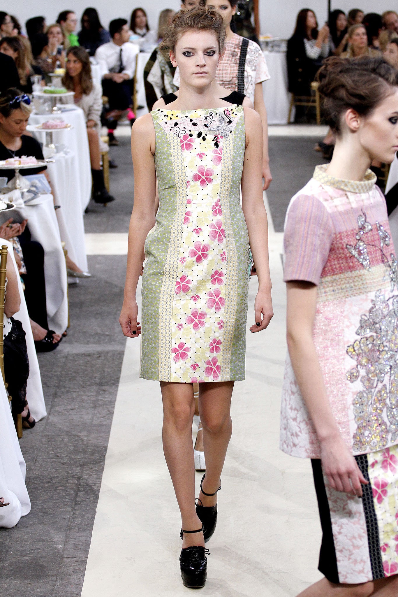 green and pink floral dress