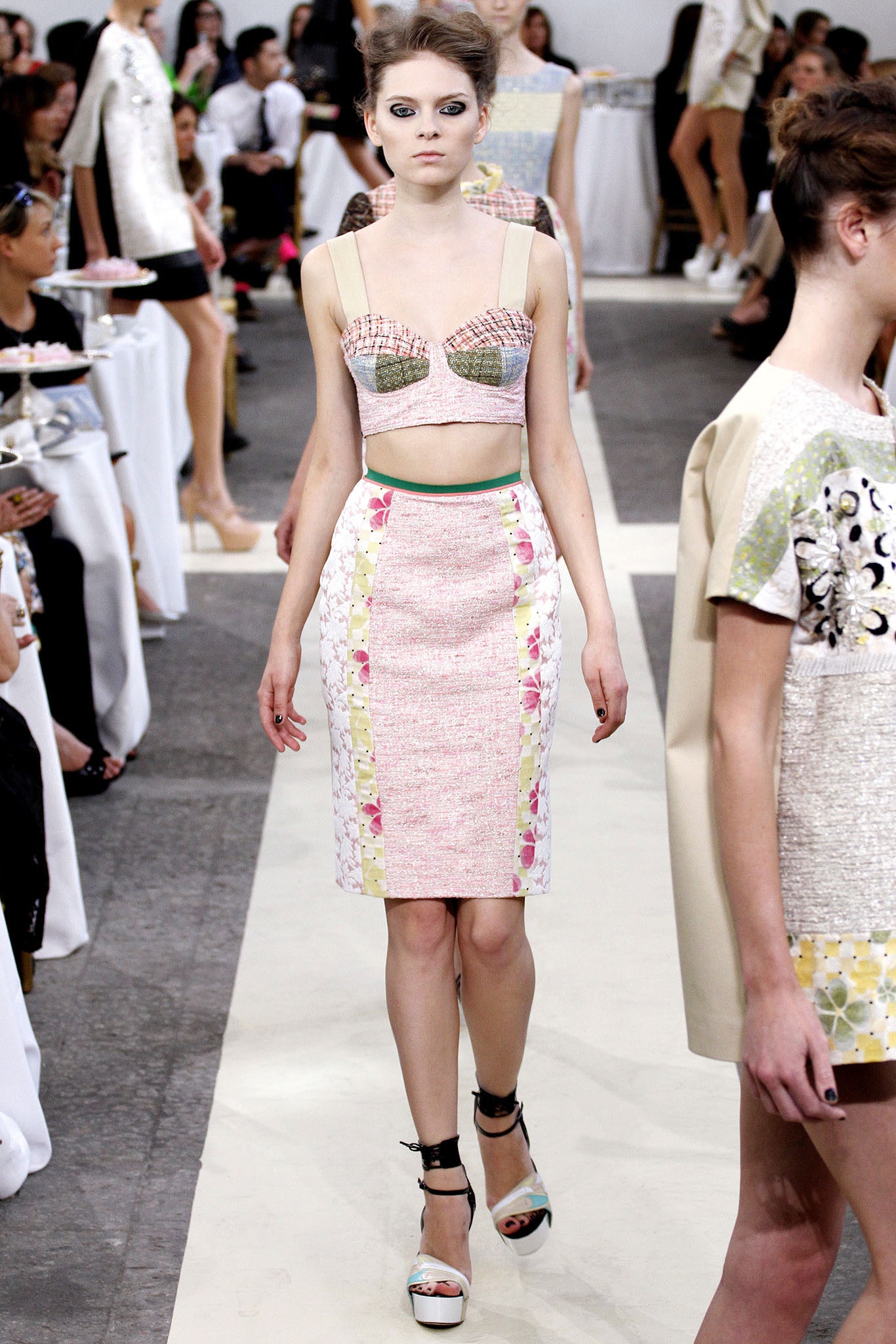 pink embroidered bustier with pencil skirt