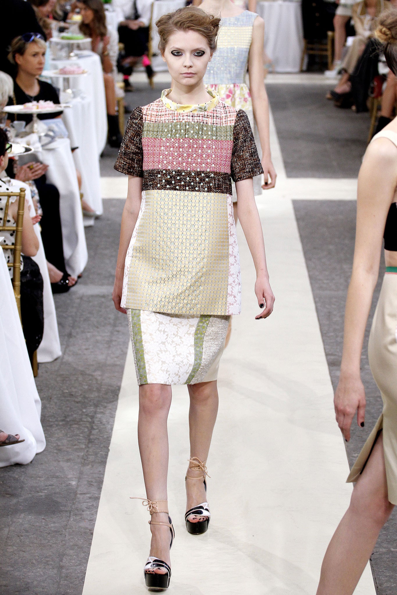 color-blocked silk top with lace skirt