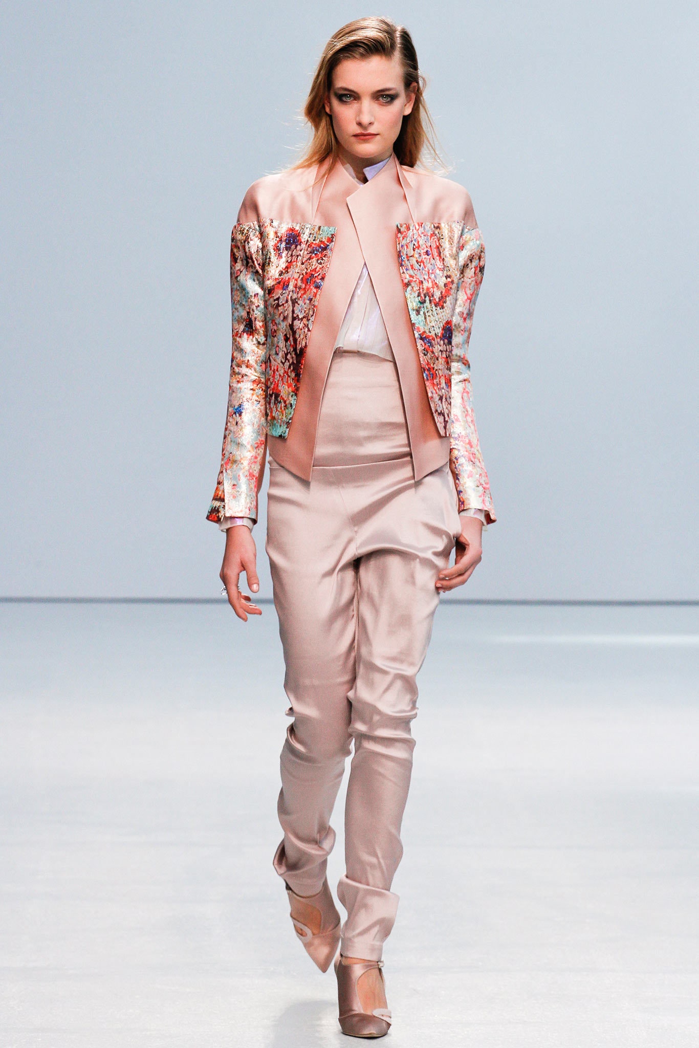 pink embroidered silk jacket with tailored pants