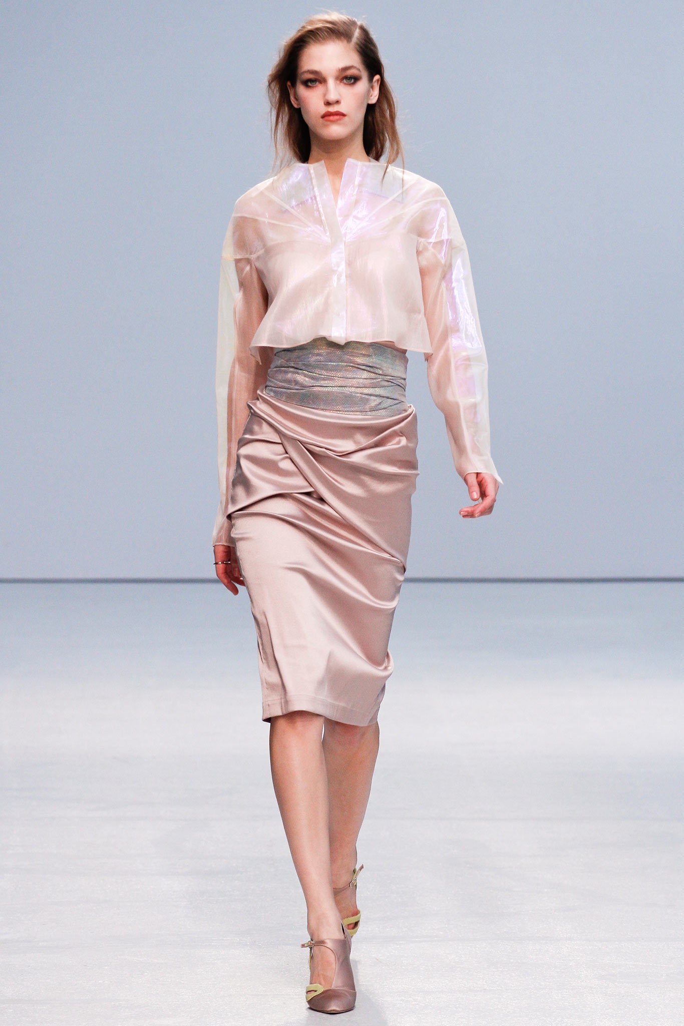 pink sheer blouse and beige midi skirt