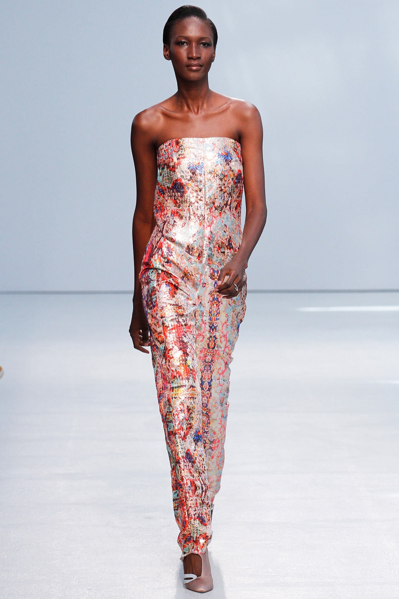 multi-colored silk strapless jumpsuit