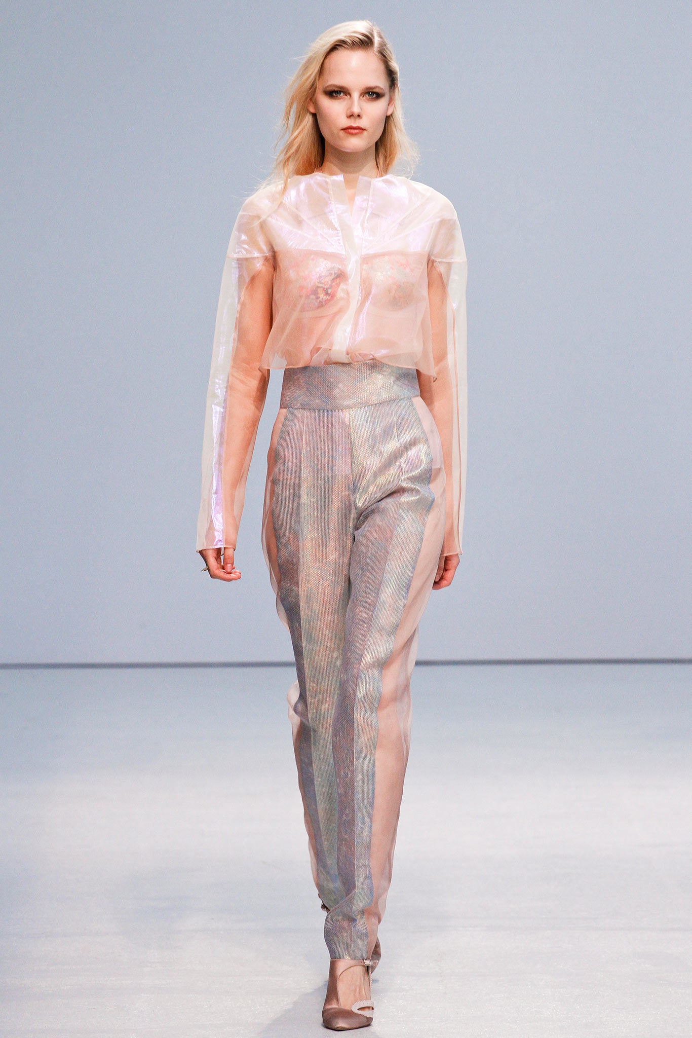 sheer pink vinyl top with multi pants