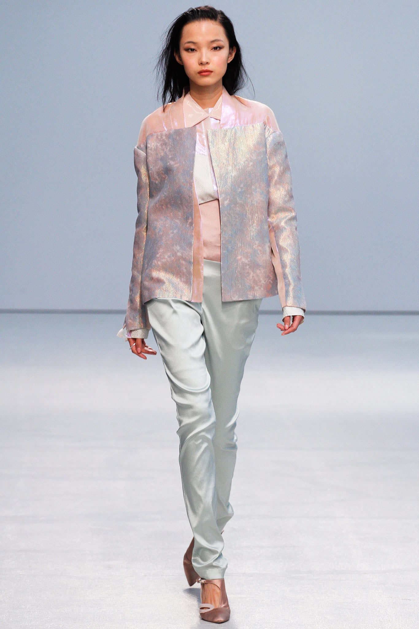 pink silk fitted jacket with gray pants