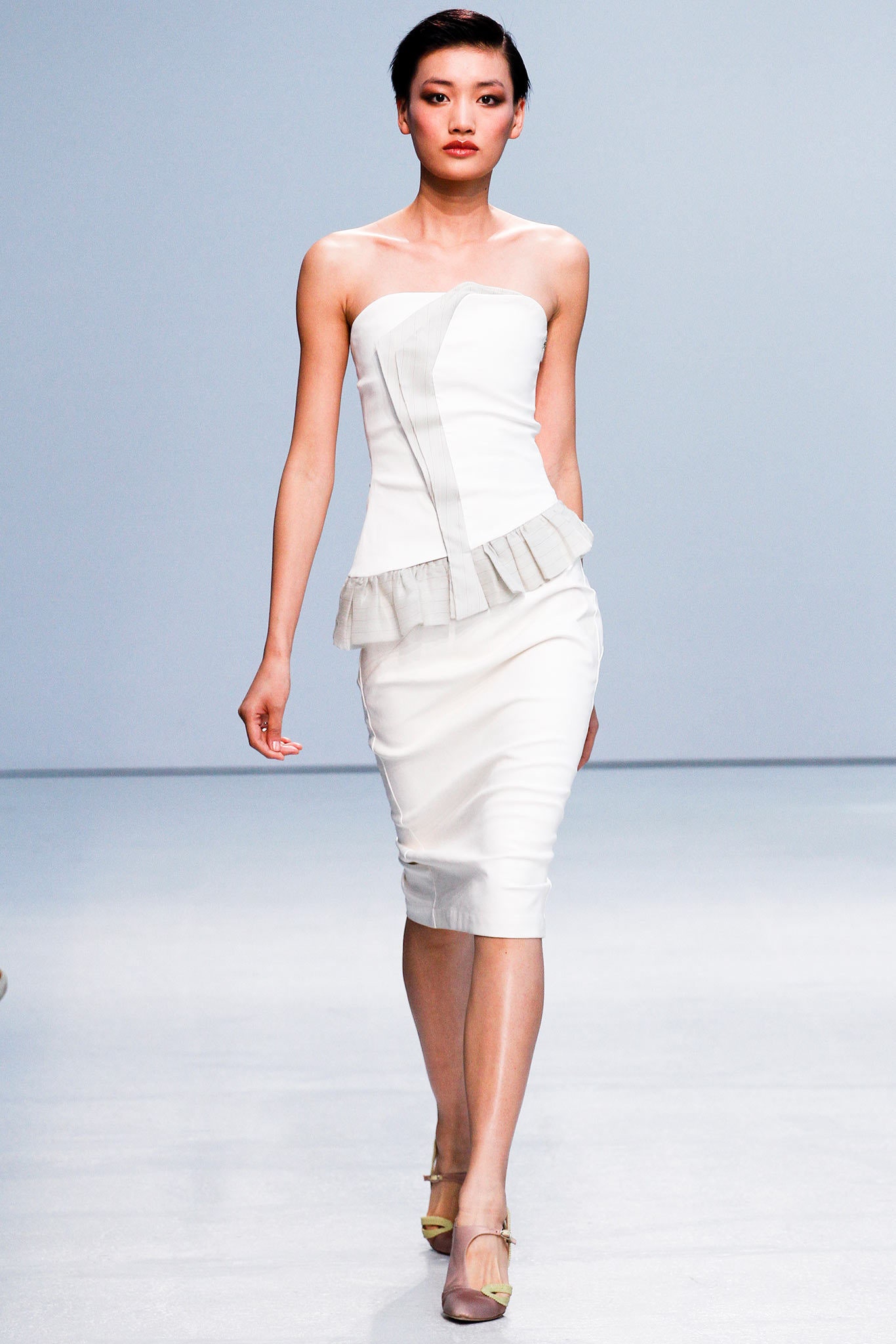 white silk strapless midi dress